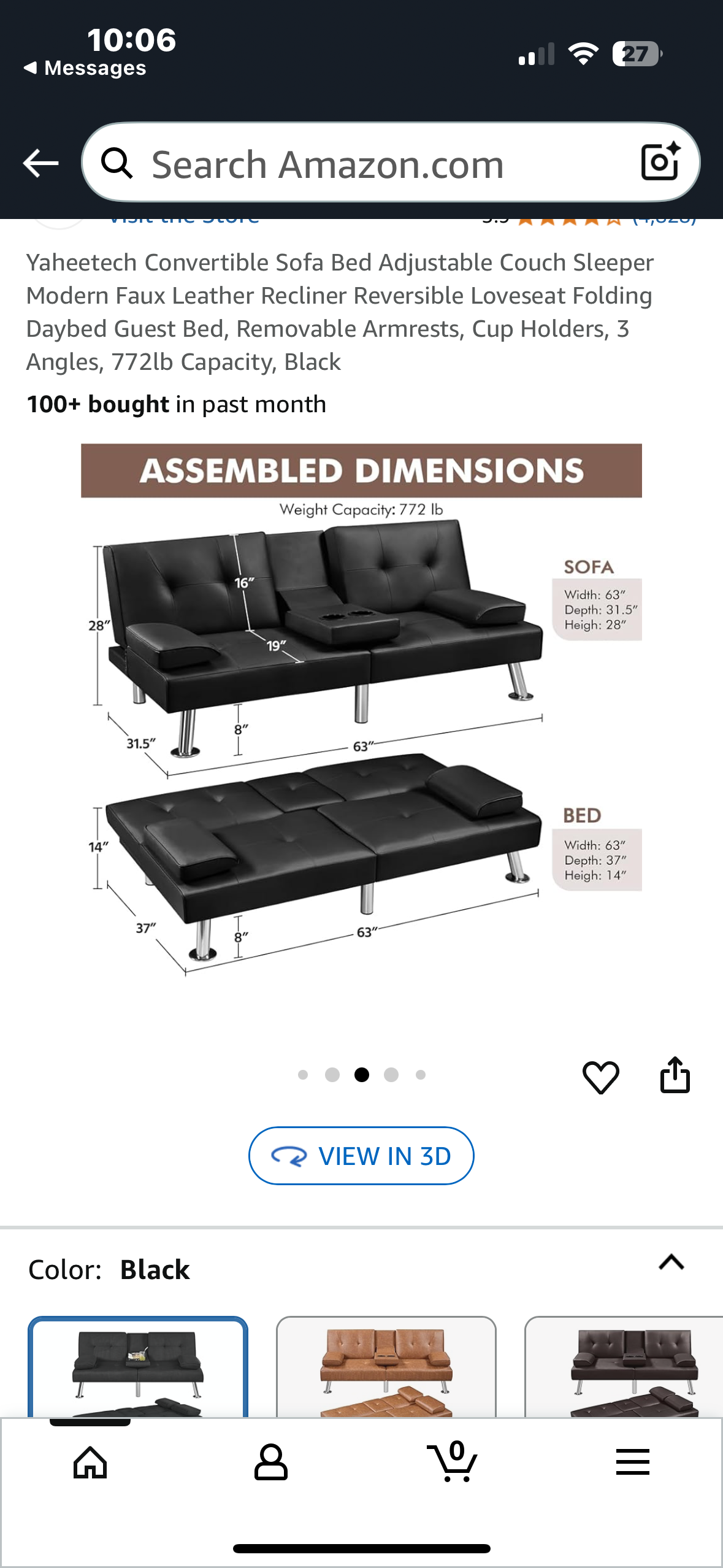 Convertible Couch Sofa Bed Sleeper, Modern Faux Leather Recliner, Reversible Loveseat, Folding Daybed Guest Bed, Removable Armrests, Cup Holders, 3 Angles, 772lb Capacity, Black (L996)