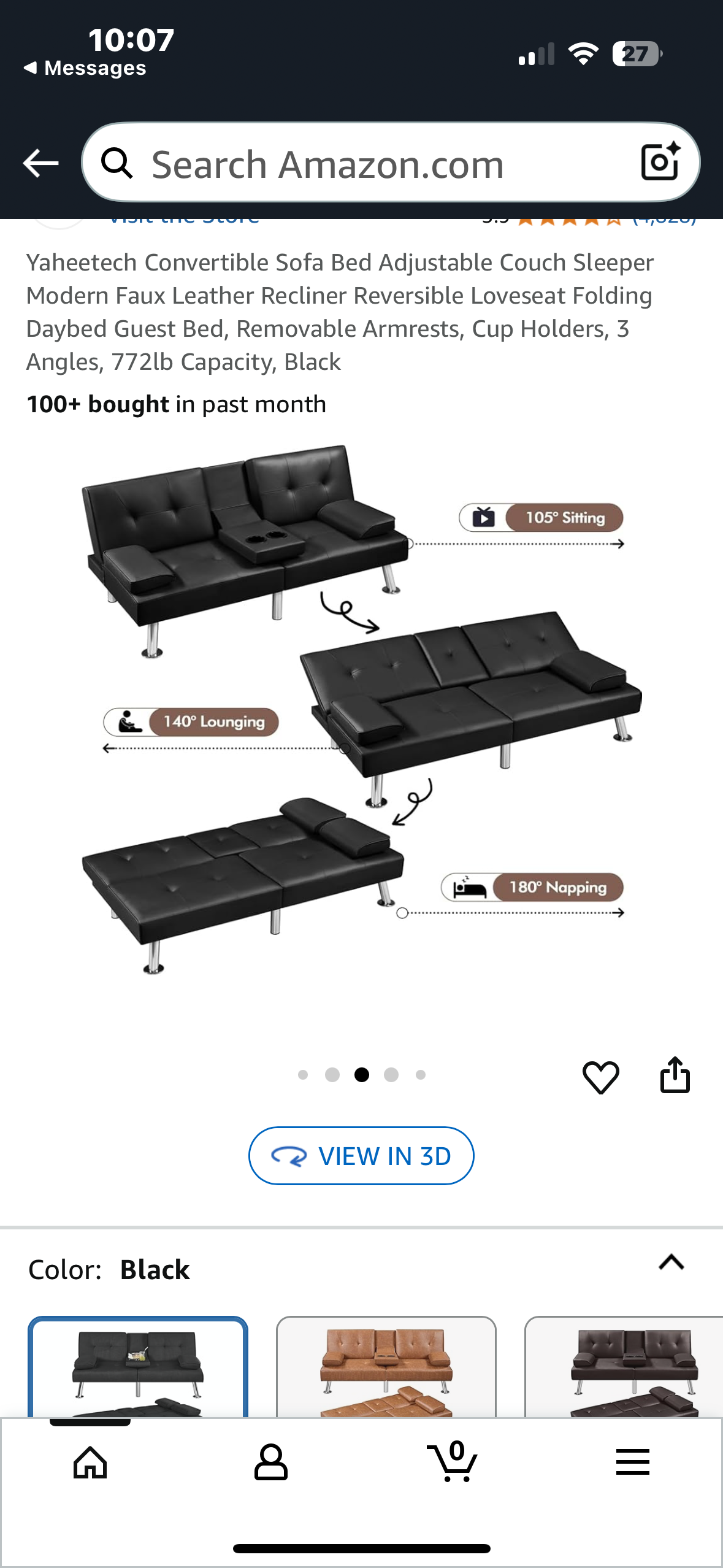 Convertible Couch Sofa Bed Sleeper, Modern Faux Leather Recliner, Reversible Loveseat, Folding Daybed Guest Bed, Removable Armrests, Cup Holders, 3 Angles, 772lb Capacity, Black (L996)