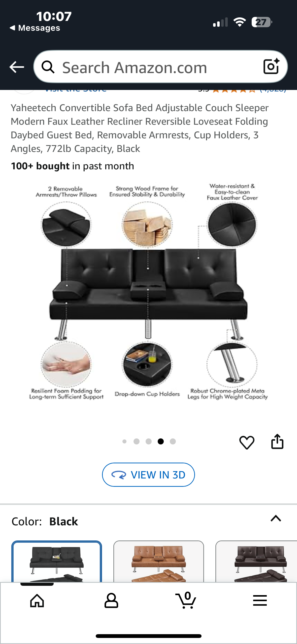 Convertible Couch Sofa Bed Sleeper, Modern Faux Leather Recliner, Reversible Loveseat, Folding Daybed Guest Bed, Removable Armrests, Cup Holders, 3 Angles, 772lb Capacity, Black (L996)