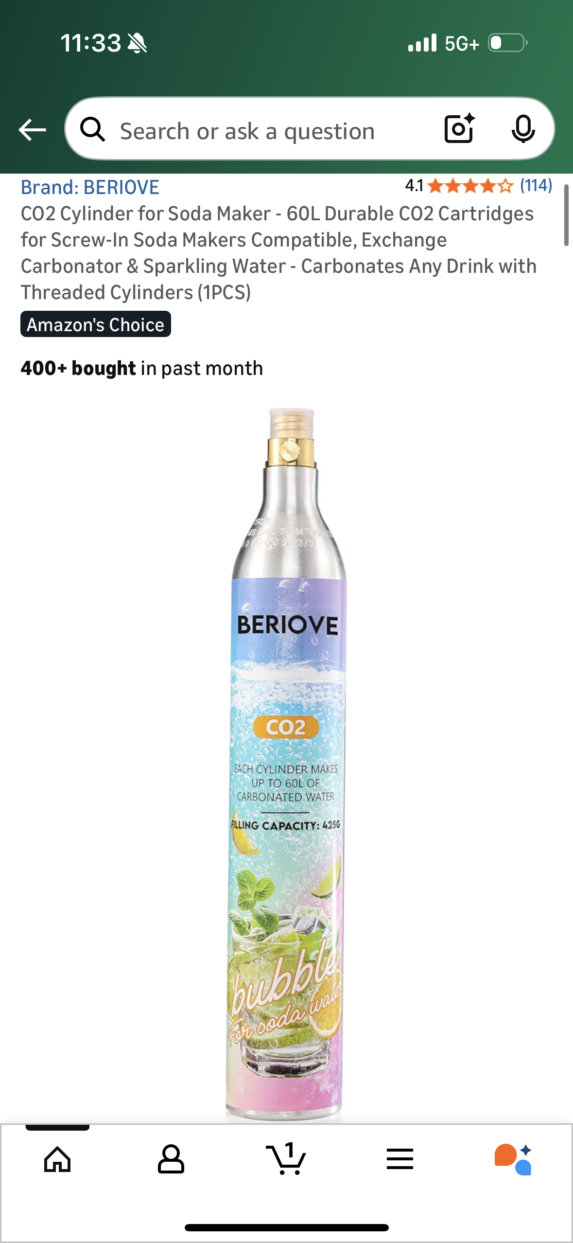 CO2 Cylinder for Soda Maker - 60L Durable CO2 Cartridges for Screw-In Soda Makers Compatible, Exchange Carbonator & Sparkling Water - Carbonates Any Drink with Threaded Cylinders (1PCS)