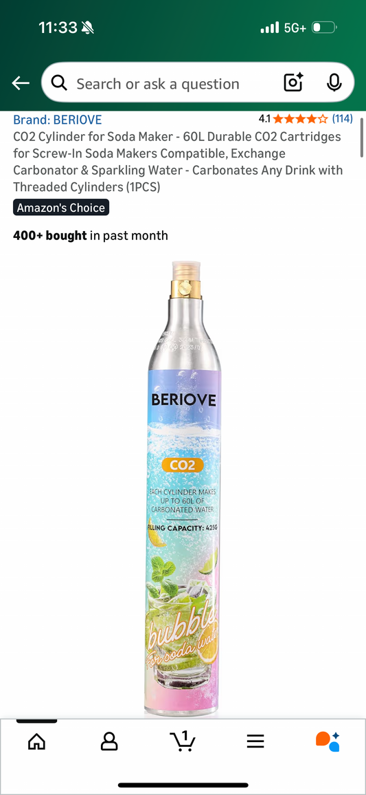 CO2 Cylinder for Soda Maker - 60L Durable CO2 Cartridges for Screw-In Soda Makers Compatible, Exchange Carbonator & Sparkling Water - Carbonates Any Drink with Threaded Cylinders (1PCS)