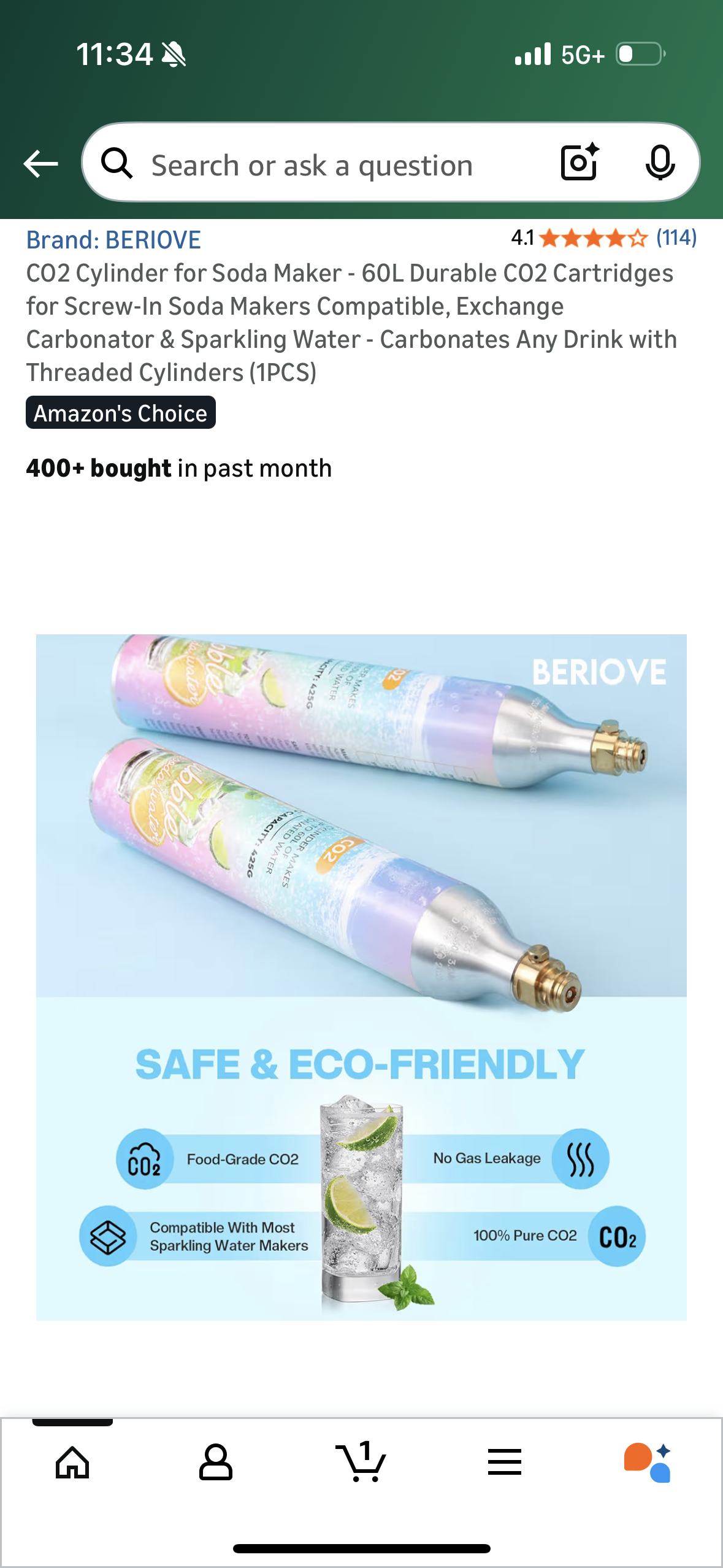CO2 Cylinder for Soda Maker - 60L Durable CO2 Cartridges for Screw-In Soda Makers Compatible, Exchange Carbonator & Sparkling Water - Carbonates Any Drink with Threaded Cylinders (1PCS)