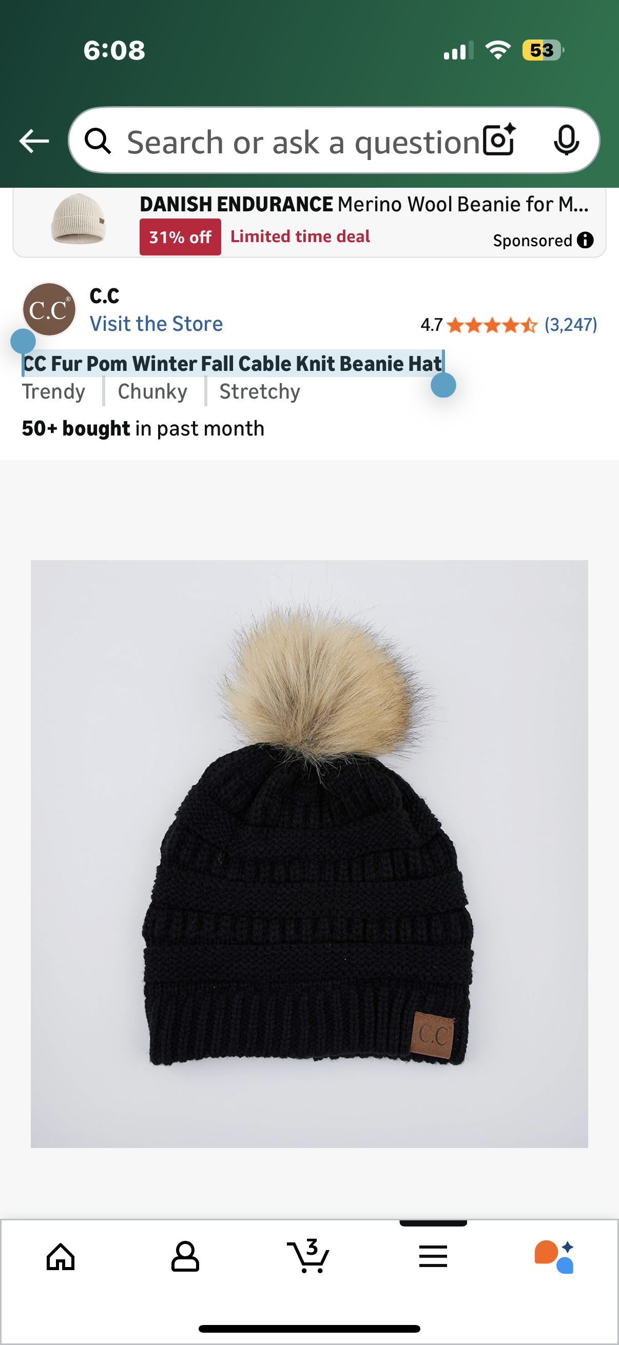 CC Fur Pom Winter Fall Cable Knit Beanie Hat