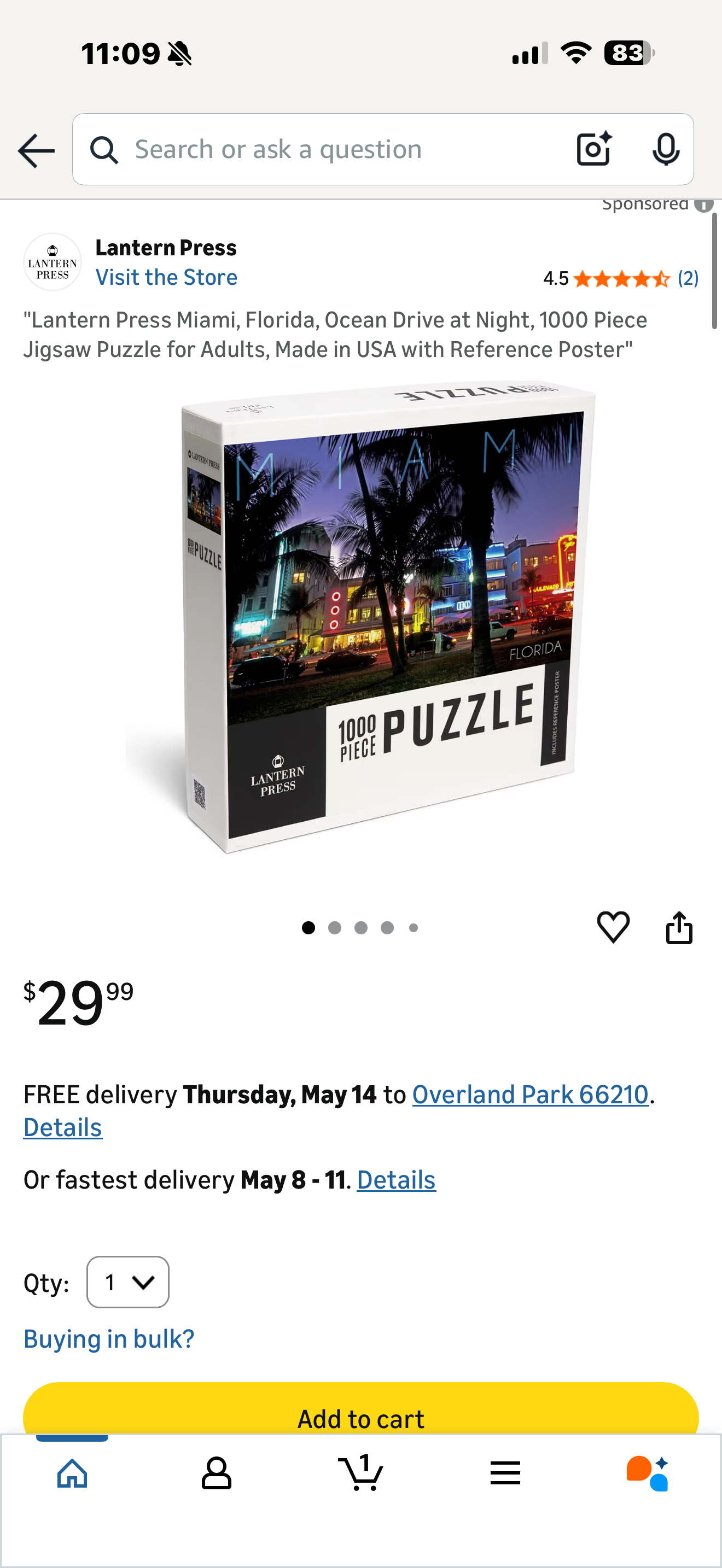 Lantern Press Miami, Florida, Ocean Drive at Night, 1000 Piece Jigsaw Puzzle for Adults, Made in USA with Reference Poster"