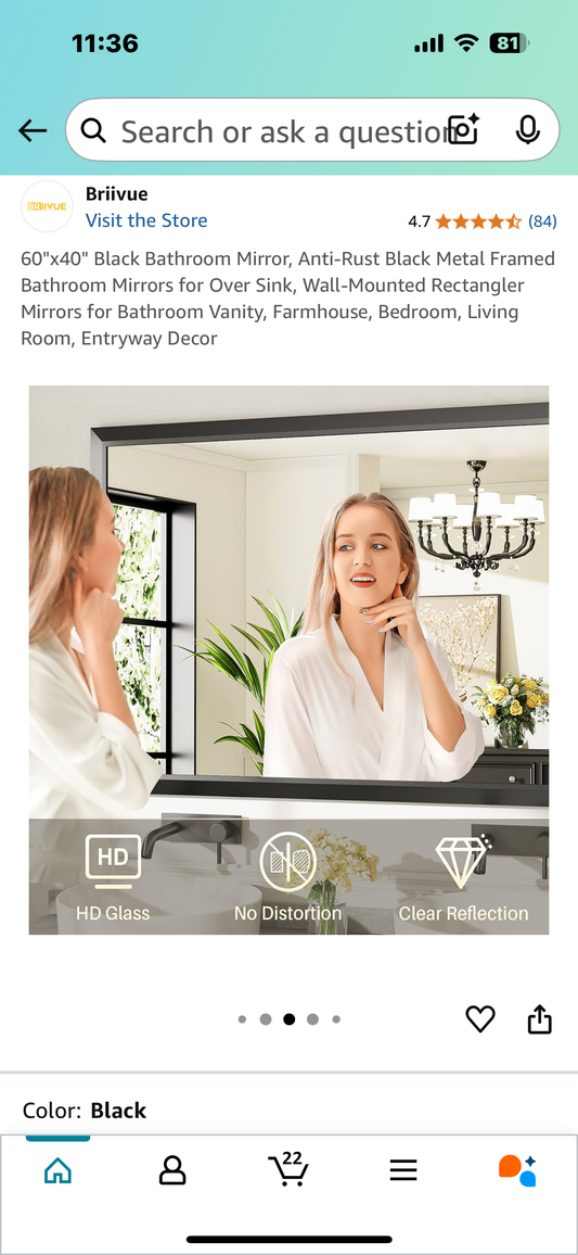 New - 60"x40" Bathroom Mirror, Anti-Rust Black Metal Framed Bathroom Mirror, Wall-Mounted for Bathroom, Vanity, Farmhouse, Bedroom, Living Room, Entryway, Decor (M346)