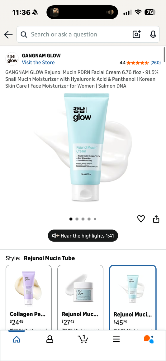 GANGNAM GLOW Rejunol Mucin PDRN Facial Cream 6.76 floz - 91.5% Snail Mucin Moisturizer with Hyaluronic Acid & Panthenol I Korean Skin Care I Face Moisturizer for Women | Salmon DNA