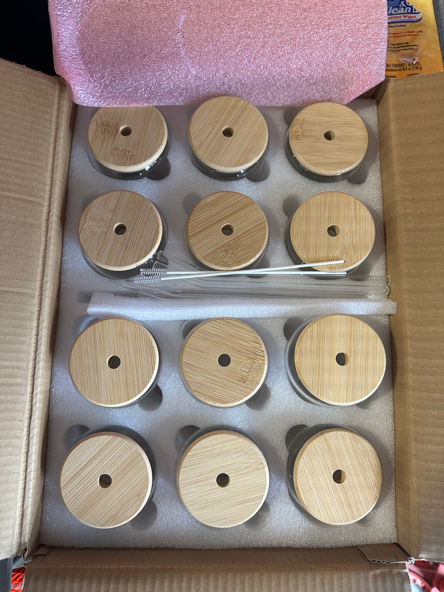 12 Pcs Glass Cups with Bamboo Lids and Straws, 16oz Glass Tumbler, for Coffee, Tea, Smoothie, Juice, Cocktails, Includes 2 Cleaning Brushes