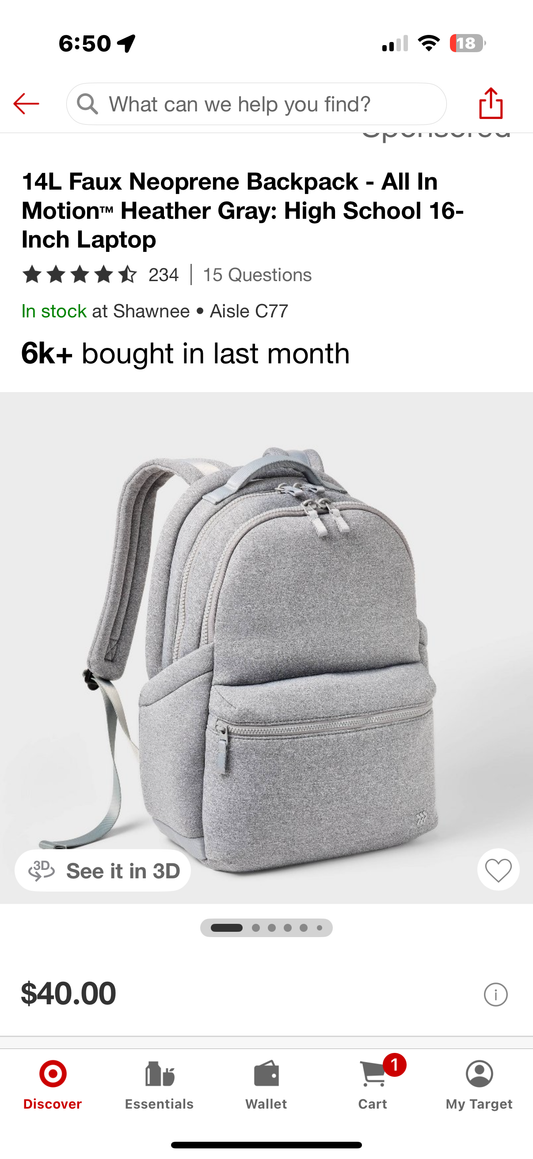 14L Faux Neoprene Backpack - All In Motion™ Heather Gray: High School 16- Inch Laptop