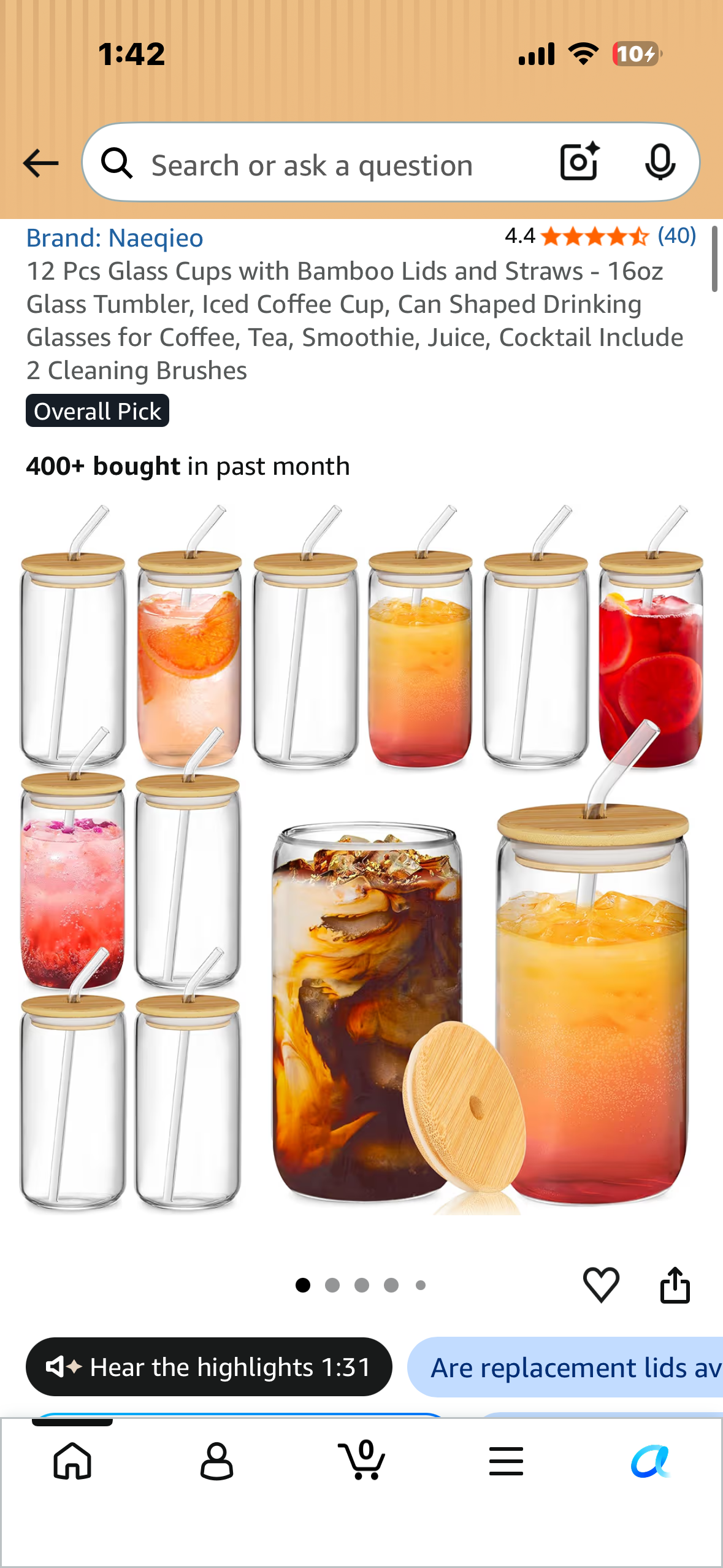 12 Pcs Glass Cups with Bamboo Lids and Straws, 16oz Glass Tumbler, for Coffee, Tea, Smoothie, Juice, Cocktails, Includes 2 Cleaning Brushes