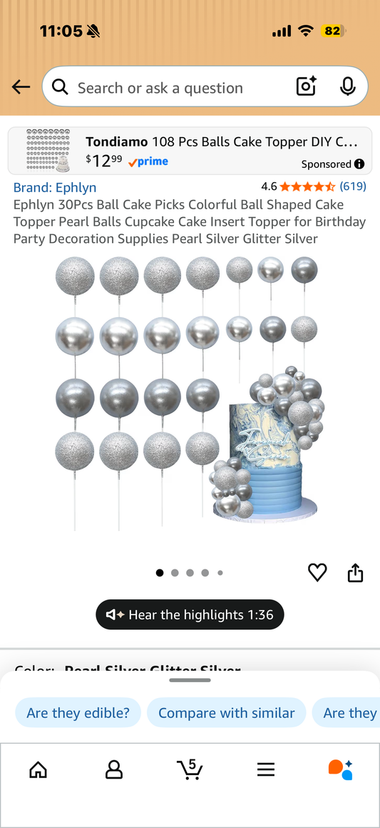 Ephlyn 30Pcs Ball Cake Picks Colorful Ball Shaped Cake Topper Pearl Balls Cupcake Cake Insert Topper for Birthday Party Decoration Supplies Pearl Silver Glitter Silver