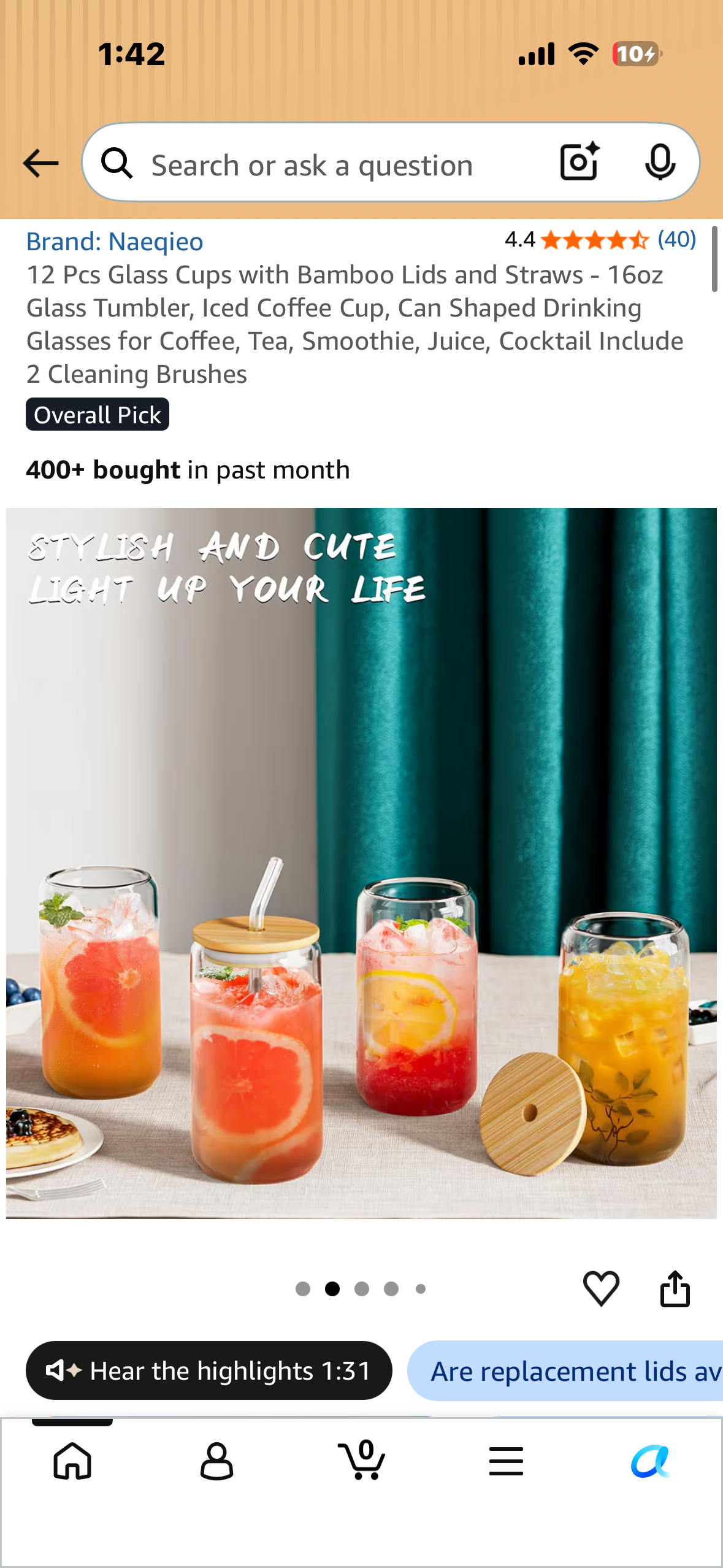 12 Pcs Glass Cups with Bamboo Lids and Straws, 16oz Glass Tumbler, for Coffee, Tea, Smoothie, Juice, Cocktails, Includes 2 Cleaning Brushes