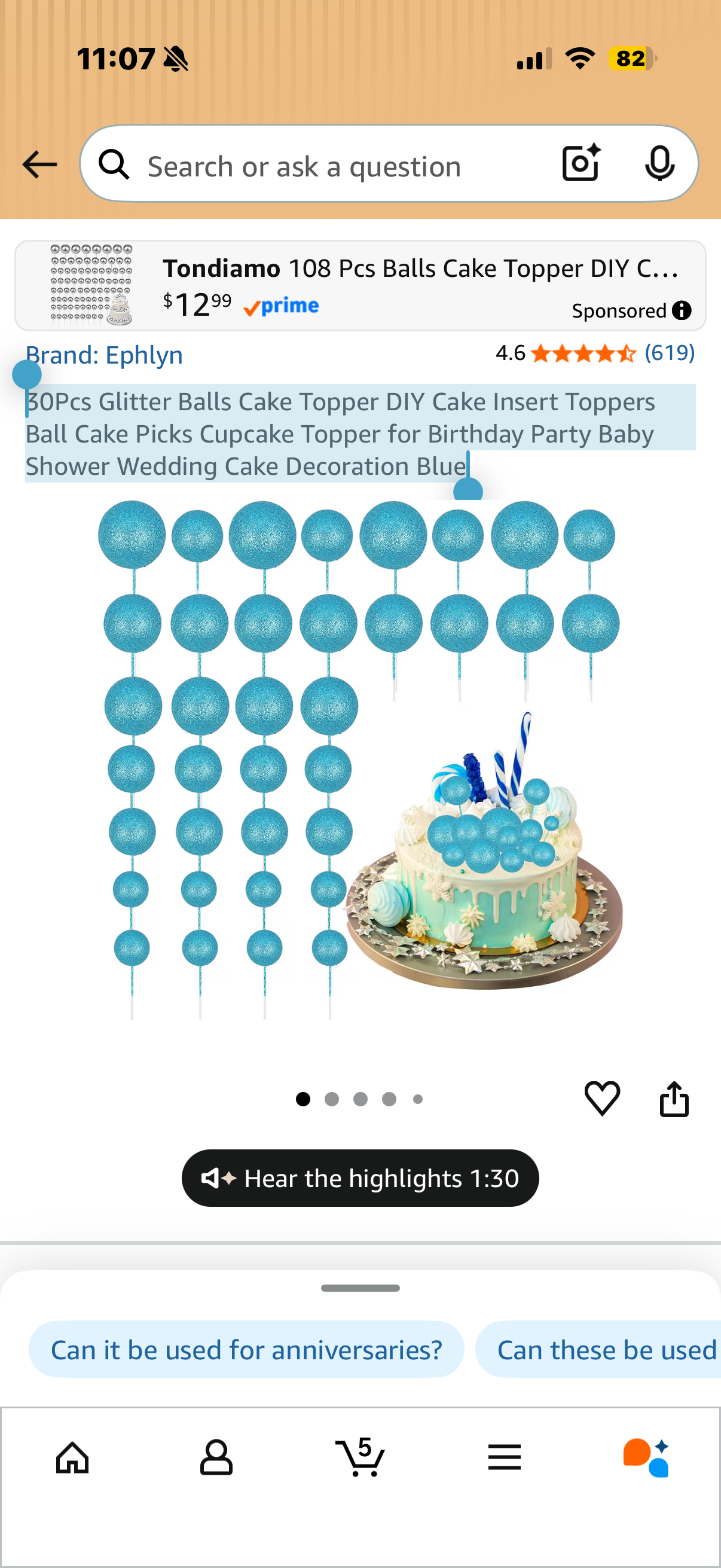 30Pcs Glitter Balls Cake Topper DIY Cake Insert Toppers Ball Cake Picks Cupcake Topper for Birthday Party Baby Shower Wedding Cake Decoration Blue