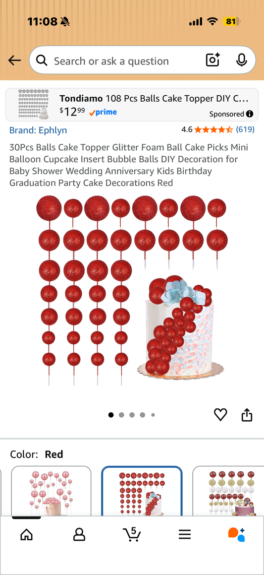 30Pcs Balls Cake Topper Glitter Foam Ball Cake Picks Mini Balloon Cupcake Insert Bubble Balls DIY Decoration for Baby Shower Wedding Anniversary Kids Birthday Graduation Party Cake Decorations Red