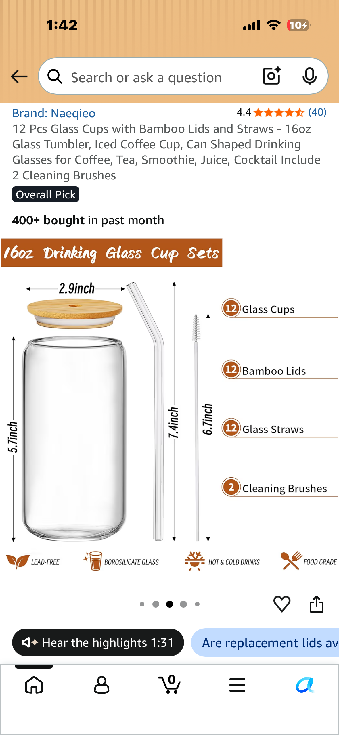 12 Pcs Glass Cups with Bamboo Lids and Straws, 16oz Glass Tumbler, for Coffee, Tea, Smoothie, Juice, Cocktails, Includes 2 Cleaning Brushes