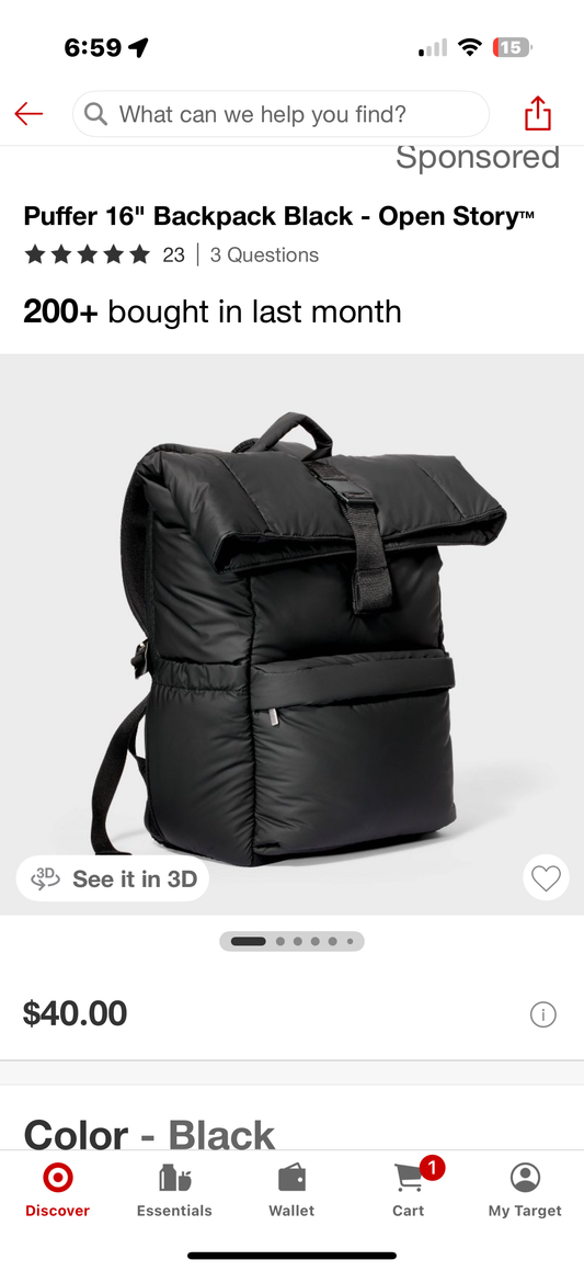 Puffer 16" Backpack Black - Open Story™