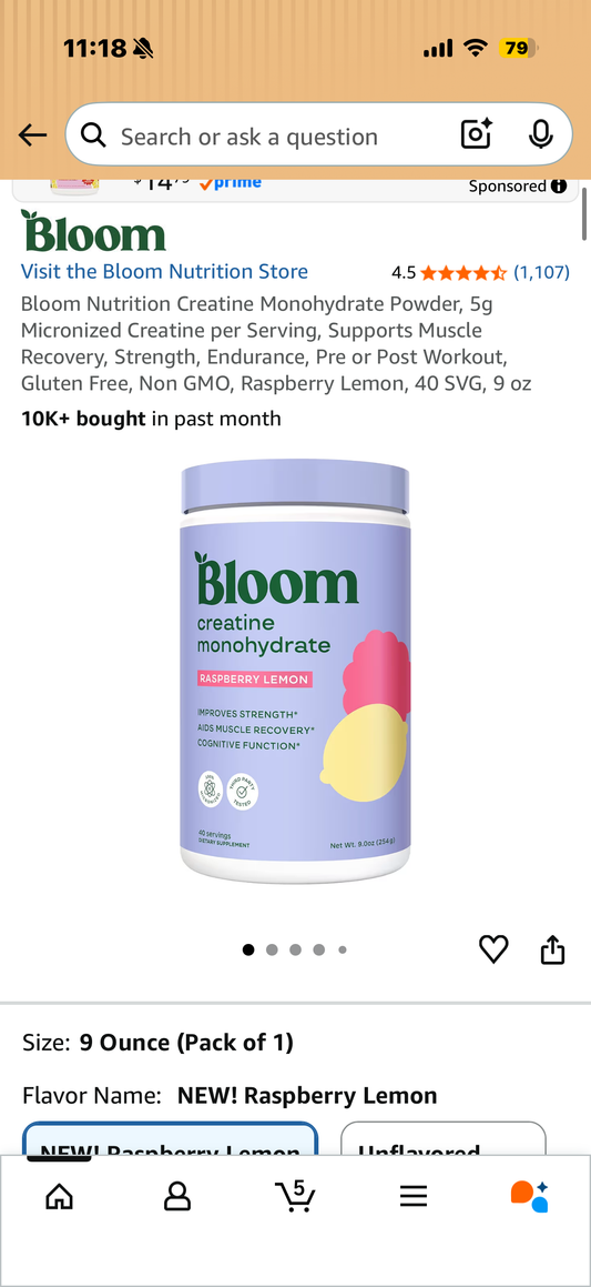 Bloom Nutrition Creatine Monohydrate Powder, 5g Micronized Creatine per Serving, Supports Muscle Recovery, Strength, Endurance, Pre or Post Workout, Gluten Free, Non GMO, Raspberry Lemon, 40 SVG, 9