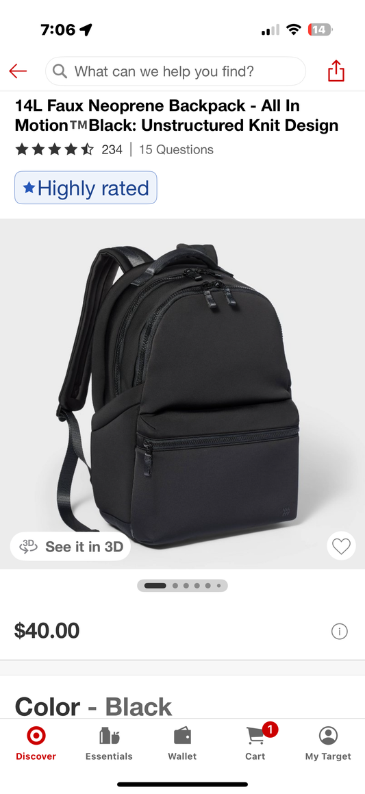 14L Faux Neoprene Backpack - All In Motion TM Black: Unstructured Knit Design