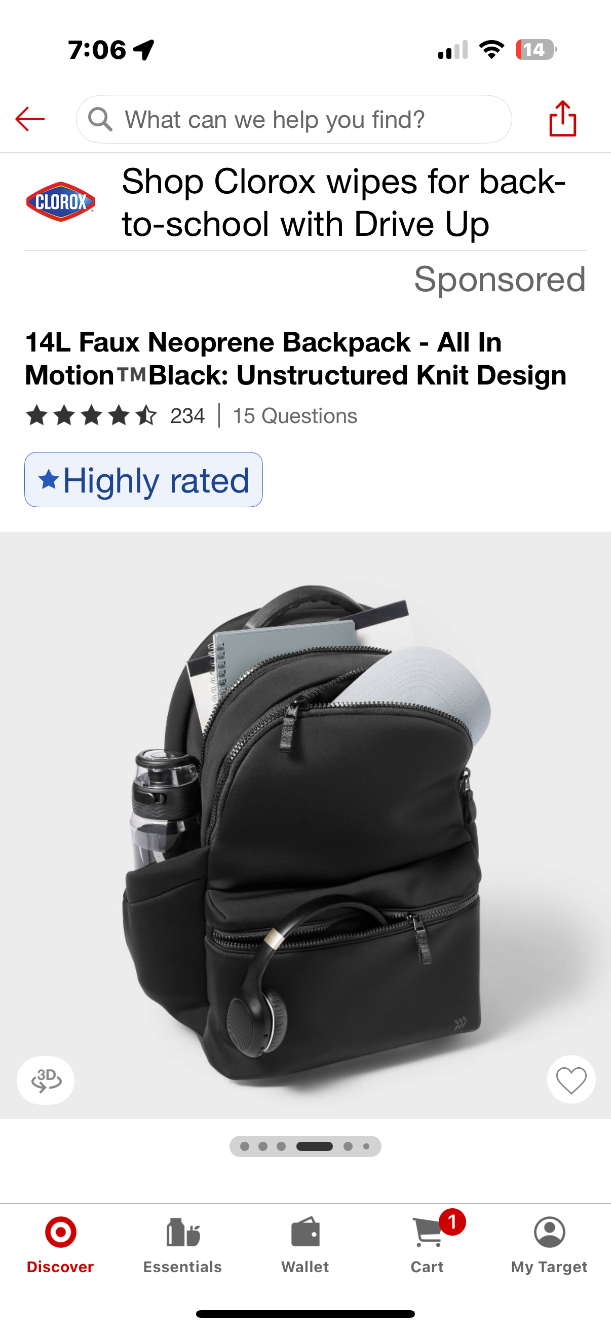 14L Faux Neoprene Backpack - All In Motion TM Black: Unstructured Knit Design