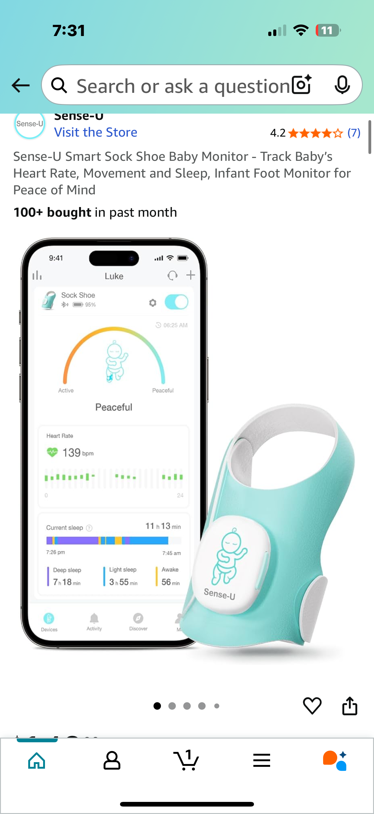Sense-U Smart Sock Shoe Baby Monitor - Track Baby’s Heart Rate, Movement and Sleep, Infant Foot Monitor for Peace of Mind