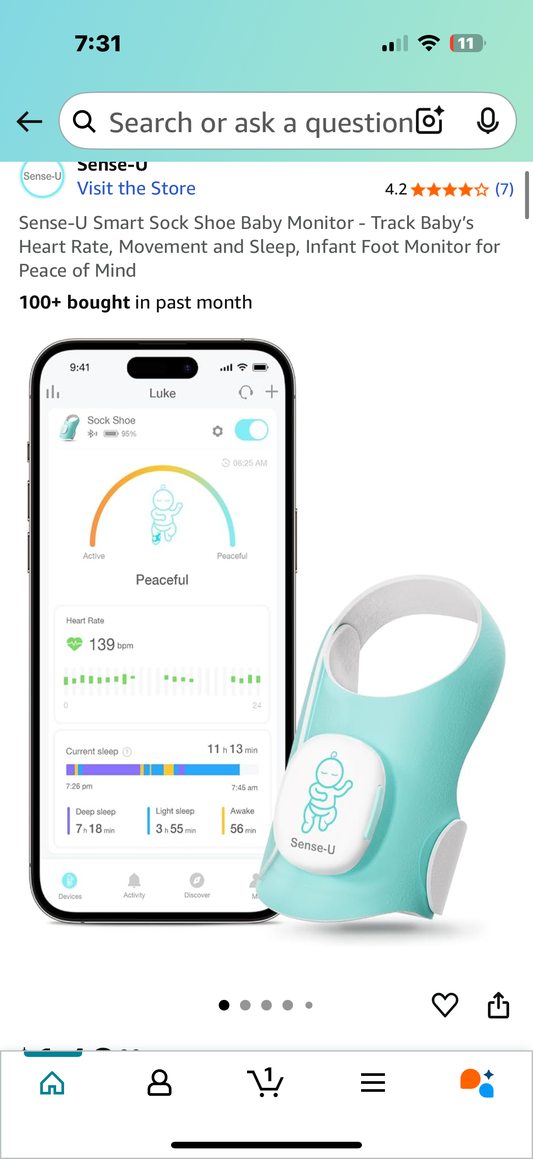 Sense-U Smart Sock Shoe Baby Monitor - Track Baby’s Heart Rate, Movement and Sleep, Infant Foot Monitor for Peace of Mind