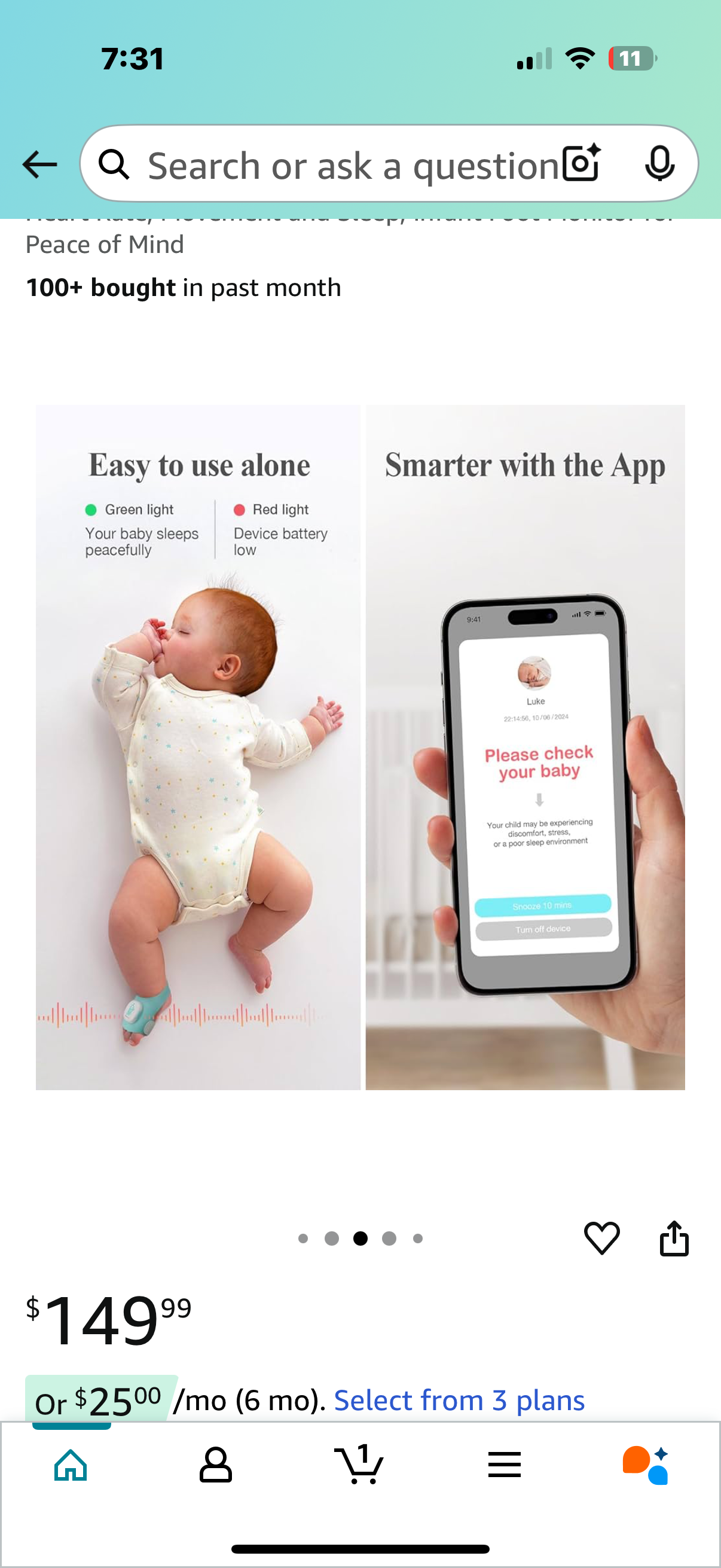 Sense-U Smart Sock Shoe Baby Monitor - Track Baby’s Heart Rate, Movement and Sleep, Infant Foot Monitor for Peace of Mind