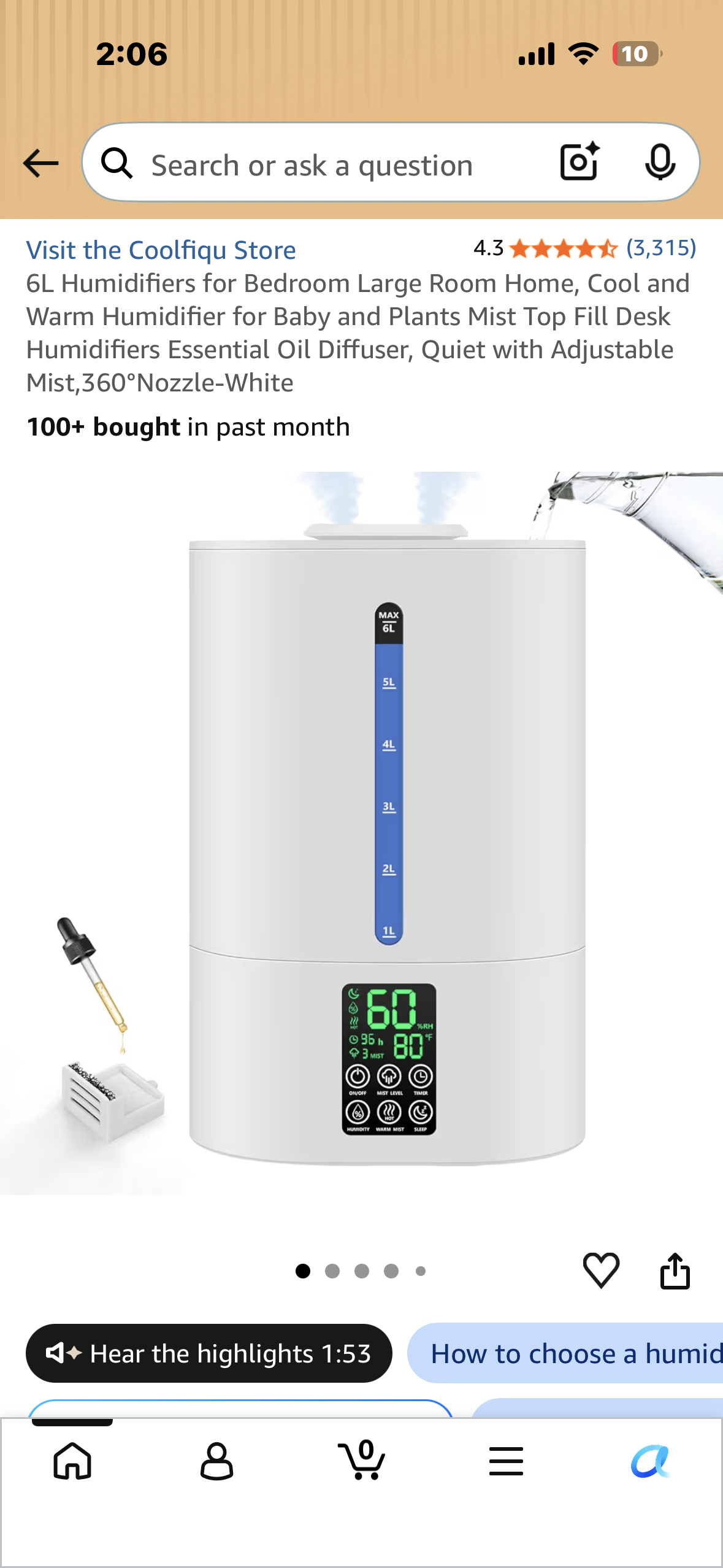 6L Humidifier for Bedroom, Large Room, Home, Cool and Warm Humidifier for Baby or Plants, Mist Top Fill  for Essential Oils, Quiet with Adjustable Mist, 360°Nozzle-White