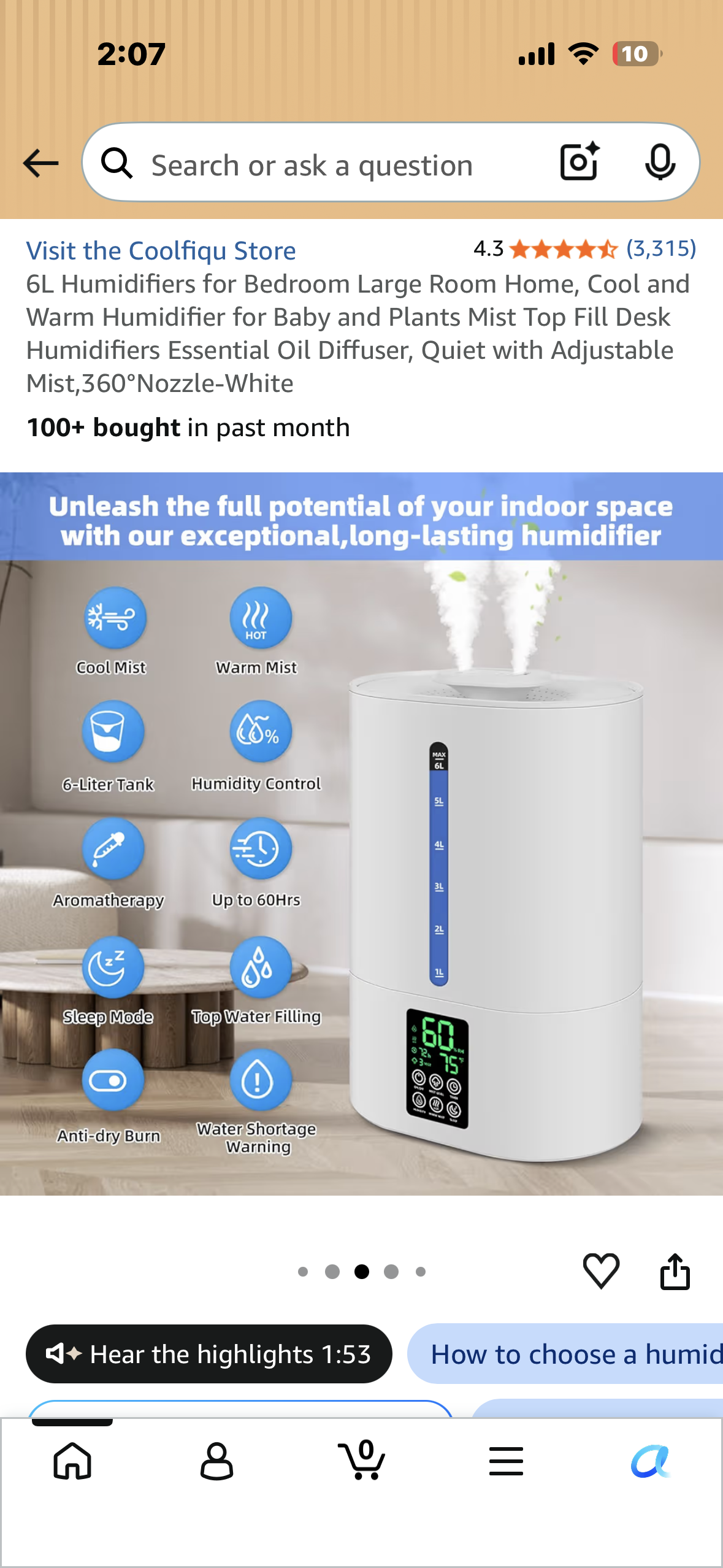6L Humidifier for Bedroom, Large Room, Home, Cool and Warm Humidifier for Baby or Plants, Mist Top Fill  for Essential Oils, Quiet with Adjustable Mist, 360°Nozzle-White
