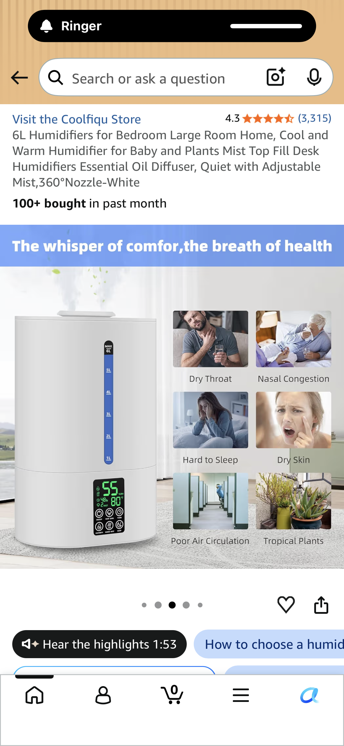6L Humidifier for Bedroom, Large Room, Home, Cool and Warm Humidifier for Baby or Plants, Mist Top Fill  for Essential Oils, Quiet with Adjustable Mist, 360°Nozzle-White
