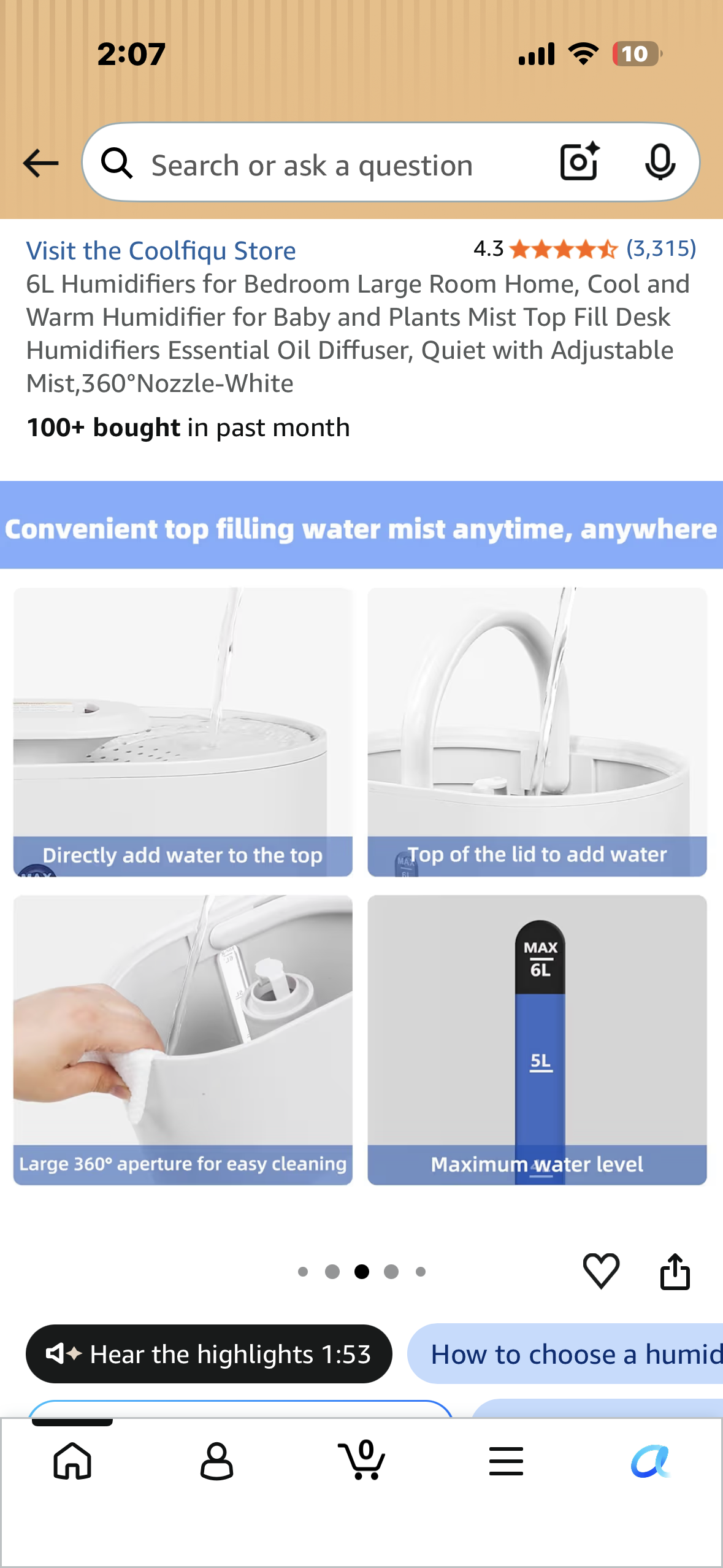 6L Humidifier for Bedroom, Large Room, Home, Cool and Warm Humidifier for Baby or Plants, Mist Top Fill  for Essential Oils, Quiet with Adjustable Mist, 360°Nozzle-White