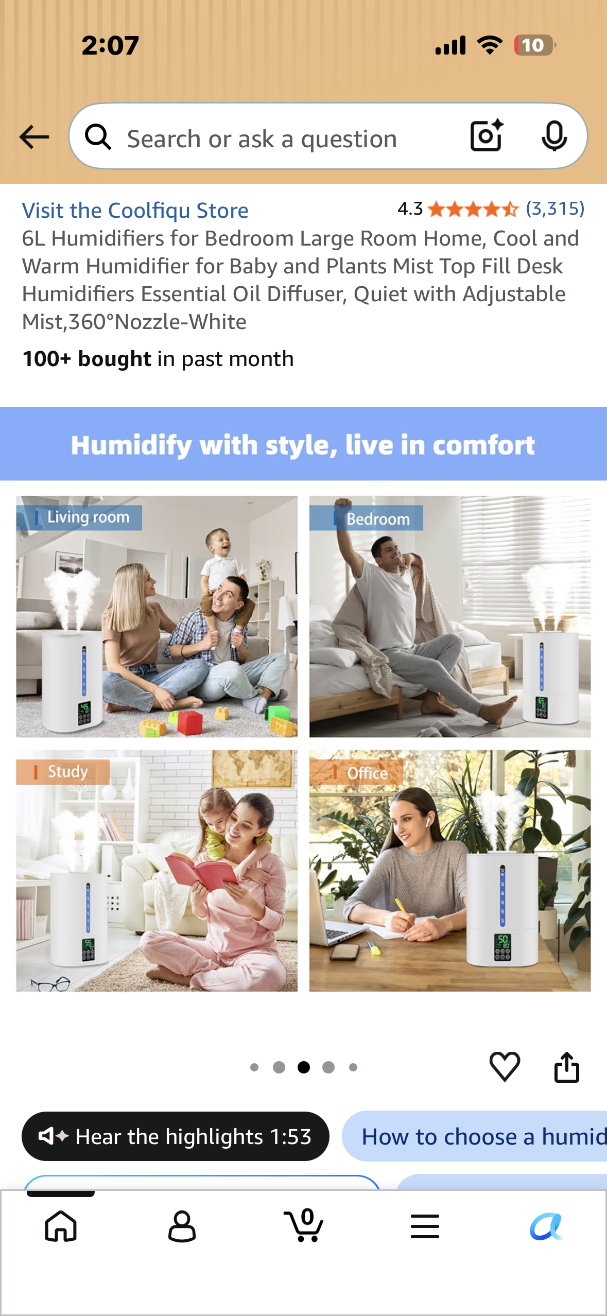 6L Humidifier for Bedroom, Large Room, Home, Cool and Warm Humidifier for Baby or Plants, Mist Top Fill  for Essential Oils, Quiet with Adjustable Mist, 360°Nozzle-White