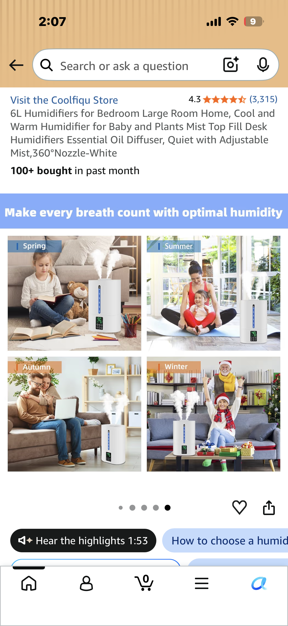 6L Humidifier for Bedroom, Large Room, Home, Cool and Warm Humidifier for Baby or Plants, Mist Top Fill  for Essential Oils, Quiet with Adjustable Mist, 360°Nozzle-White
