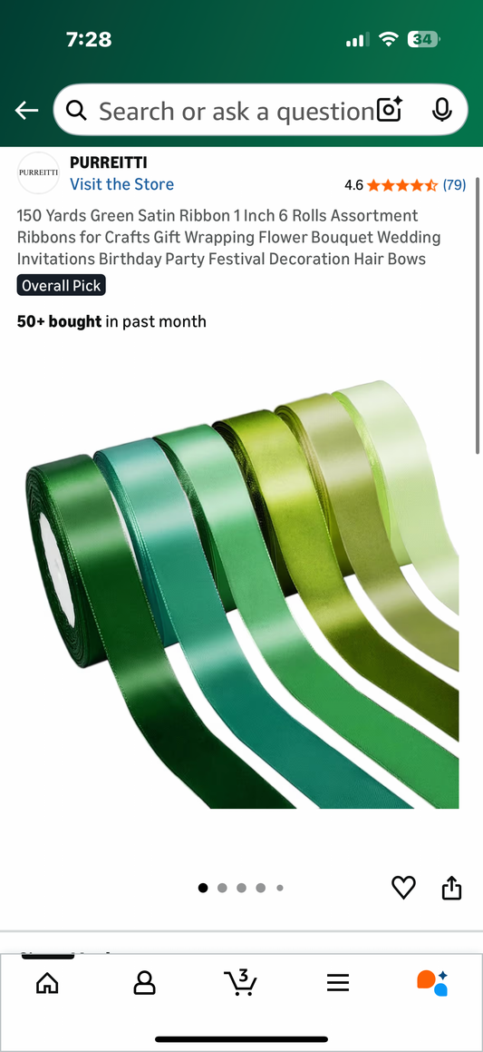 150 Yards Green Satin Ribbon 1 Inch 6 Rolls Assortment Ribbons for Crafts Gift Wrapping Flower Bouquet Wedding Invitations Birthday Party Festival Decoration Hair Bows