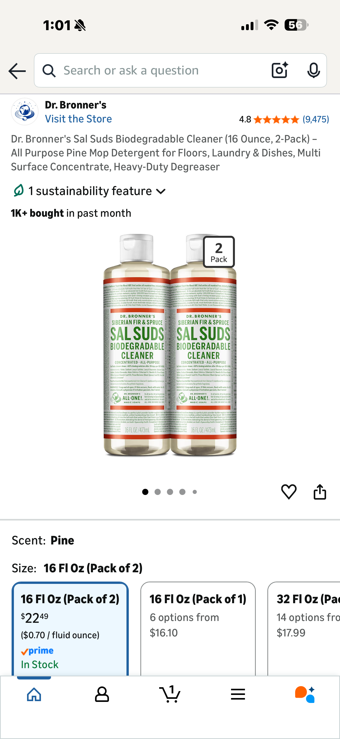 2-Pack - Bronner's Sal Suds Biodegradable Cleaner (16 Ounce, 2-Pack) – All Purpose Pine Mop Detergent for Floors, Laundry & Dishes, Multi Surface Concentrate, Heavy-Duty Degreaser