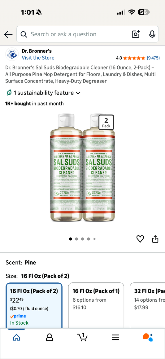 2-Pack - Bronner's Sal Suds Biodegradable Cleaner (16 Ounce, 2-Pack) – All Purpose Pine Mop Detergent for Floors, Laundry & Dishes, Multi Surface Concentrate, Heavy-Duty Degreaser