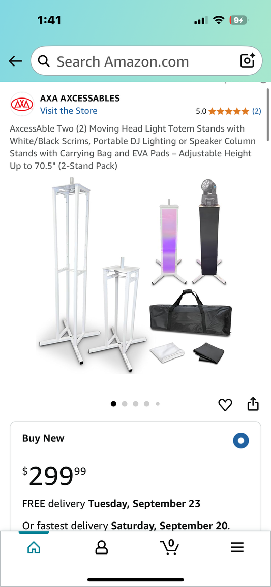 AxcessAble Two (2) Moving Head Light Totem Stands with White/Black Scrims, Portable DJ Lighting or Speaker Column Stands with Carrying Bag and EVA Pads β Adjustable Height Up to 70.5" (2-Stand Pack) (R661)