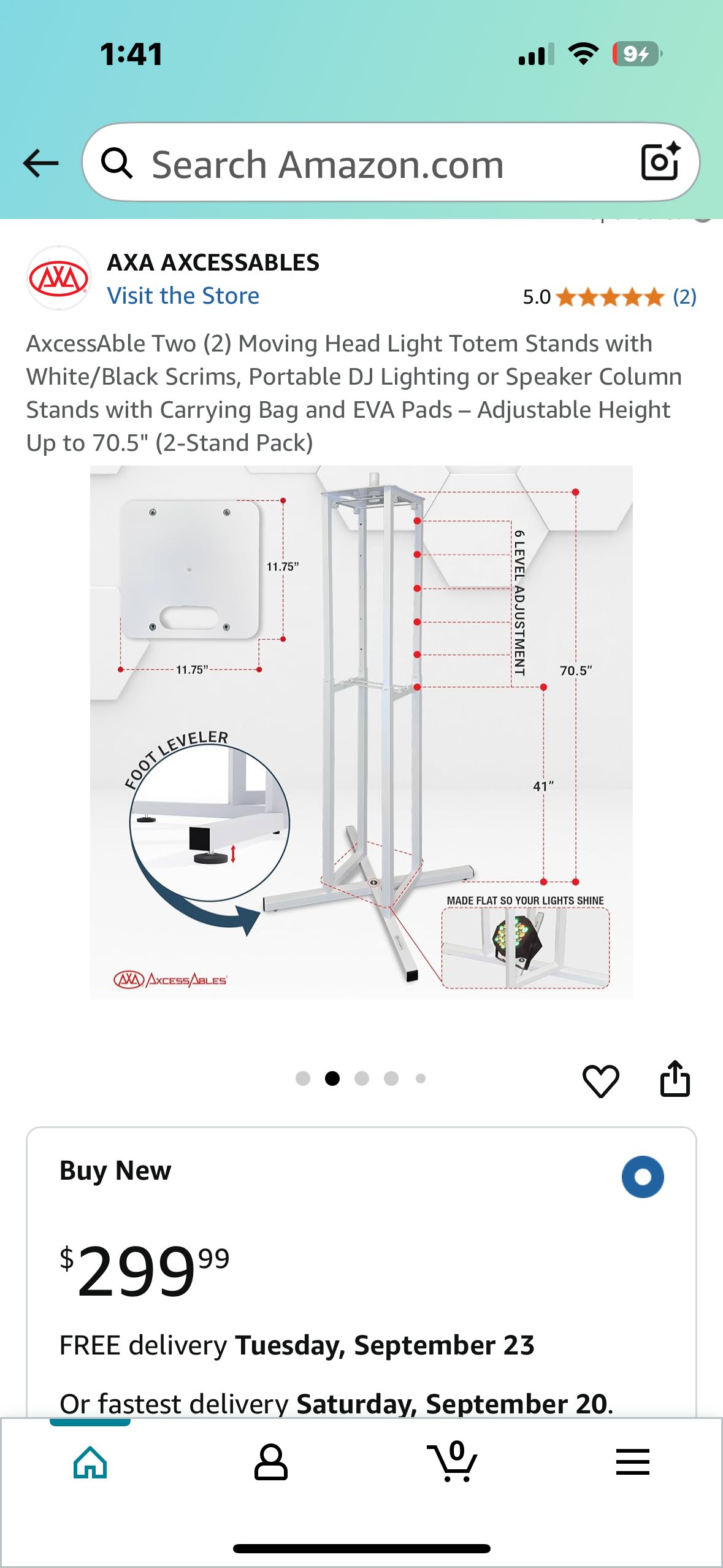 AxcessAble Two (2) Moving Head Light Totem Stands with White/Black Scrims, Portable DJ Lighting or Speaker Column Stands with Carrying Bag and EVA Pads – Adjustable Height Up to 70.5" (2-Stand Pack) (R661)
