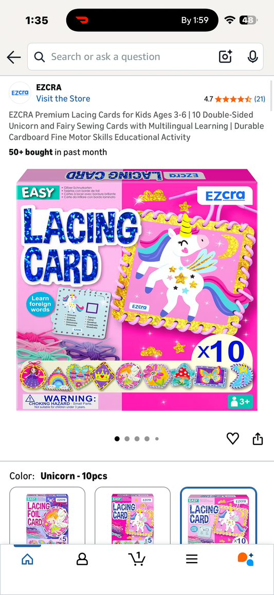 EZCRA Premium Lacing Cards for Kids Ages 3-6 | 10 Double-Sided Unicorn and Fairy Sewing Cards with Multilingual Learning | Durable Cardboard Fine Motor Skills Educational Activity