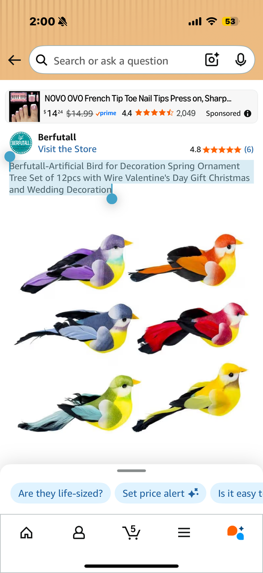 Berfutall-Artificial Bird for Decoration Spring Ornament Tree Set of 12pcs with Wire Valentine's Day Gift Christmas and Wedding Decoration
