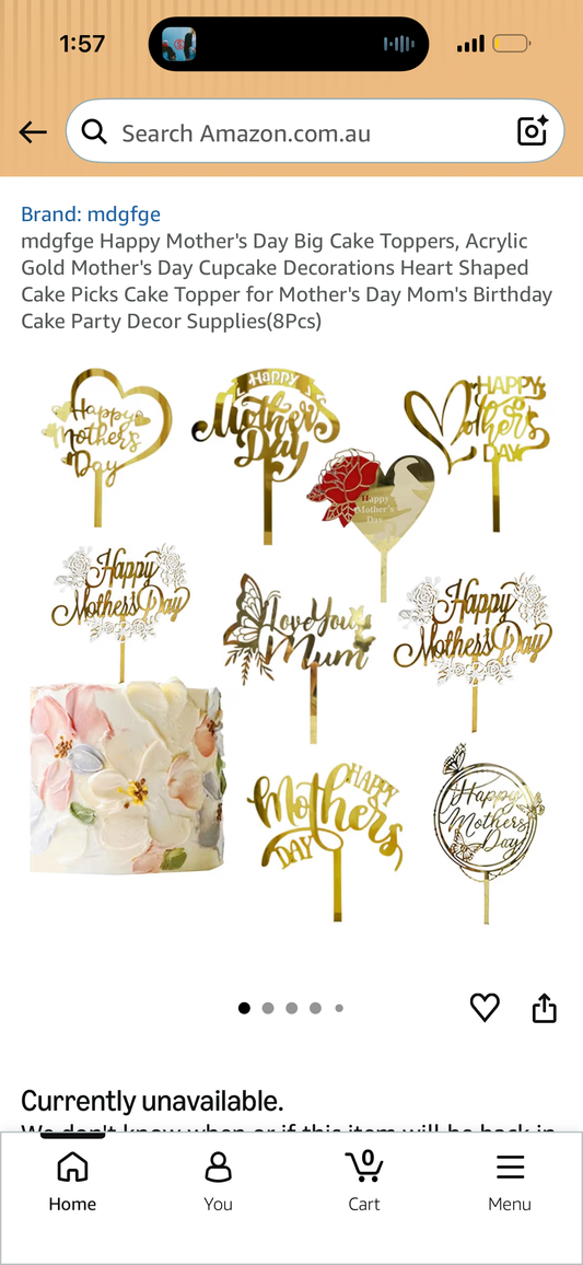 mdgfge Happy Mother's Day Big Cake Toppers, Acrylic Gold Mother's Day Cupcake Decorations Heart Shaped Cake Picks Cake Topper for Mother's Day Mom's Birthday Cake Party Decor Supplies(8Pcs)