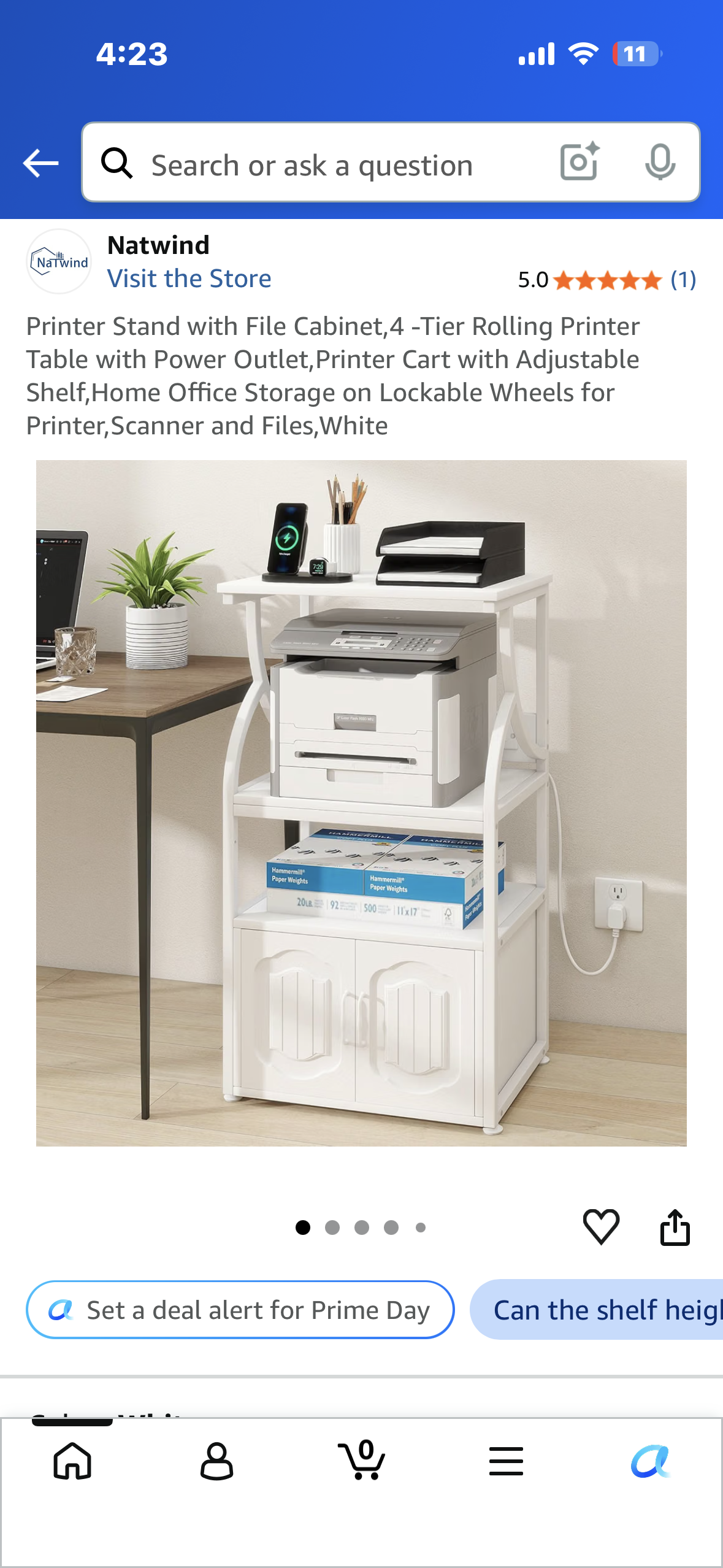Printer Stand with File Cabinet,4 -Tier Rolling Printer Table with Power Outlet,Printer Cart with Adjustable Shelf,Home Office Storage on Lockable Wheels for Printer,Scanner and Files,White