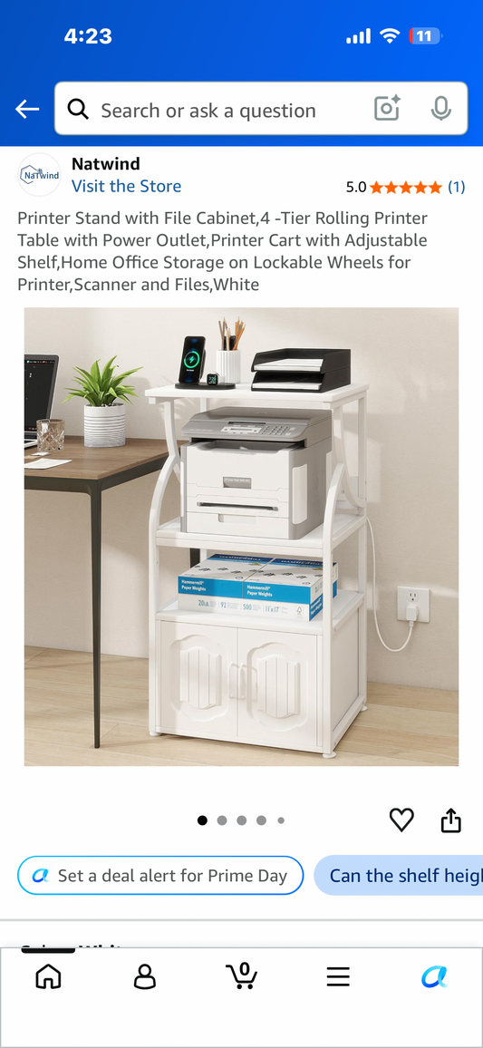 Printer Stand with File Cabinet,4 -Tier Rolling Printer Table with Power Outlet,Printer Cart with Adjustable Shelf,Home Office Storage on Lockable Wheels for Printer,Scanner and Files,White