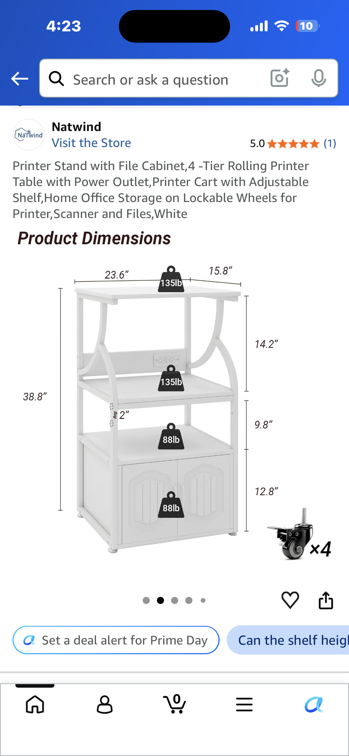 Printer Stand with File Cabinet,4 -Tier Rolling Printer Table with Power Outlet,Printer Cart with Adjustable Shelf,Home Office Storage on Lockable Wheels for Printer,Scanner and Files,White