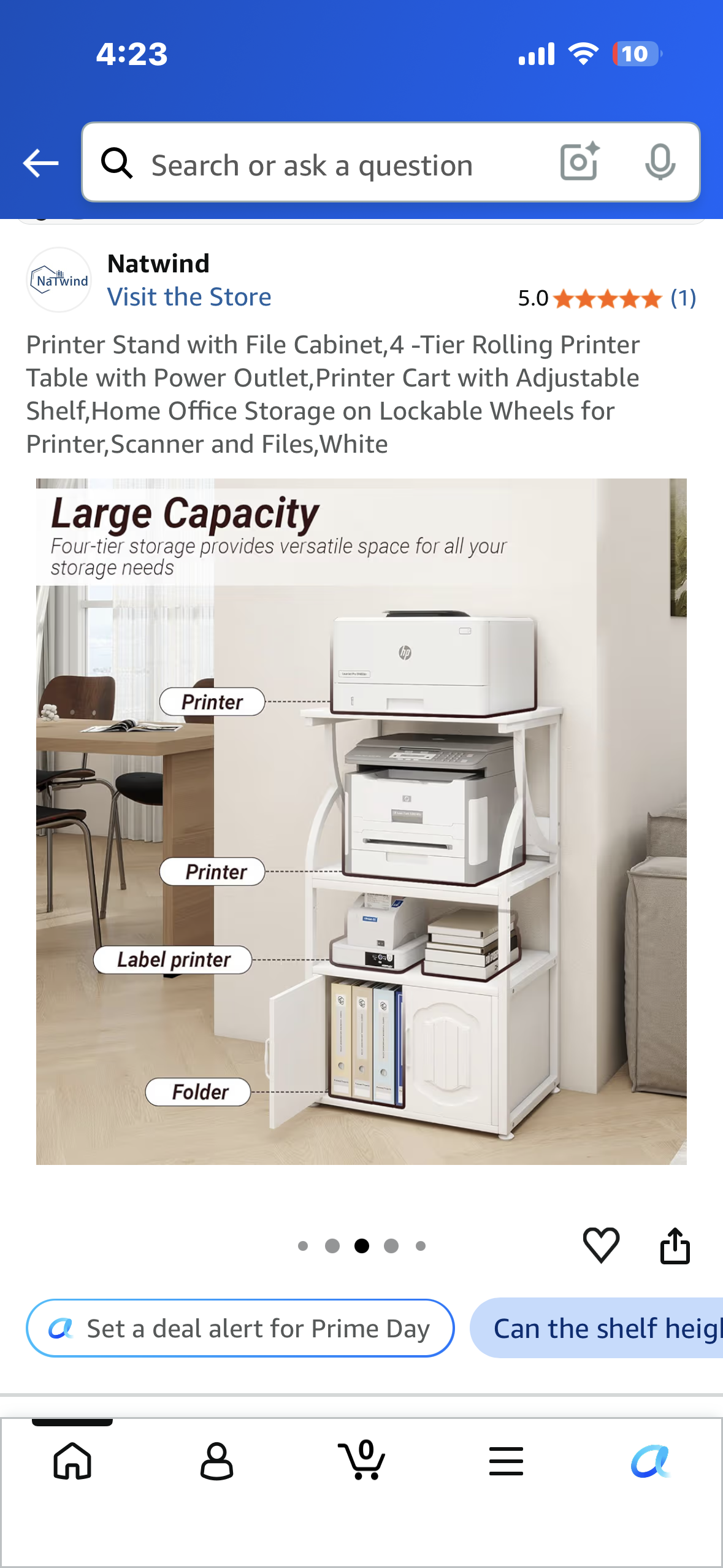 Printer Stand with File Cabinet,4 -Tier Rolling Printer Table with Power Outlet,Printer Cart with Adjustable Shelf,Home Office Storage on Lockable Wheels for Printer,Scanner and Files,White