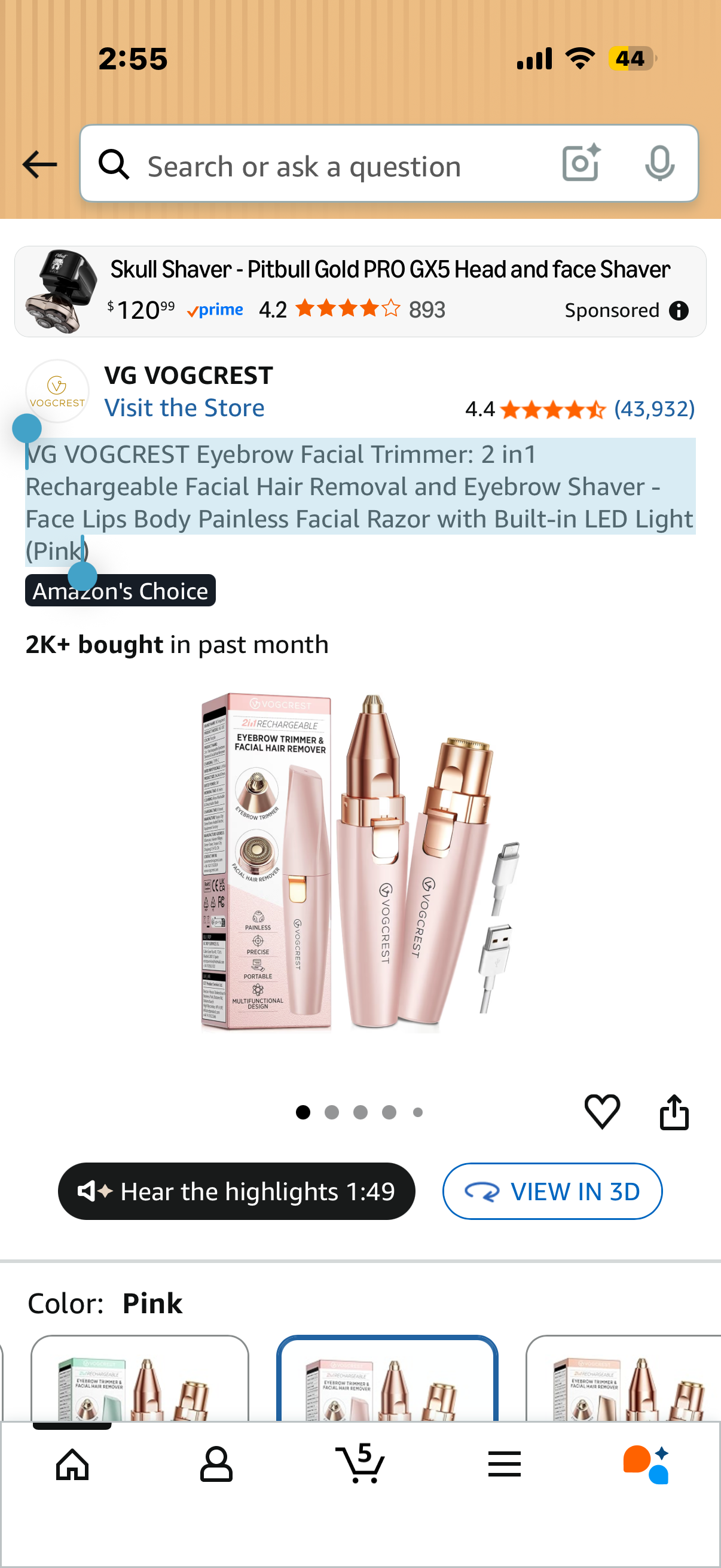 VG VOGCREST Eyebrow Facial Trimmer: 2 in1 Rechargeable Facial Hair Removal and Eyebrow Shaver - Face Lips Body Painless Facial Razor with Built-in LED Light (Pink)