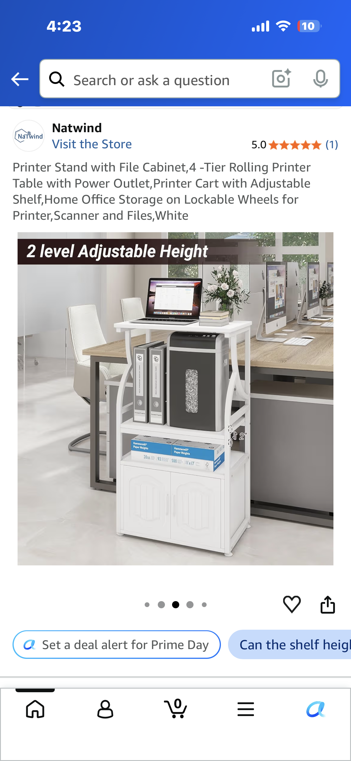 Printer Stand with File Cabinet,4 -Tier Rolling Printer Table with Power Outlet,Printer Cart with Adjustable Shelf,Home Office Storage on Lockable Wheels for Printer,Scanner and Files,White