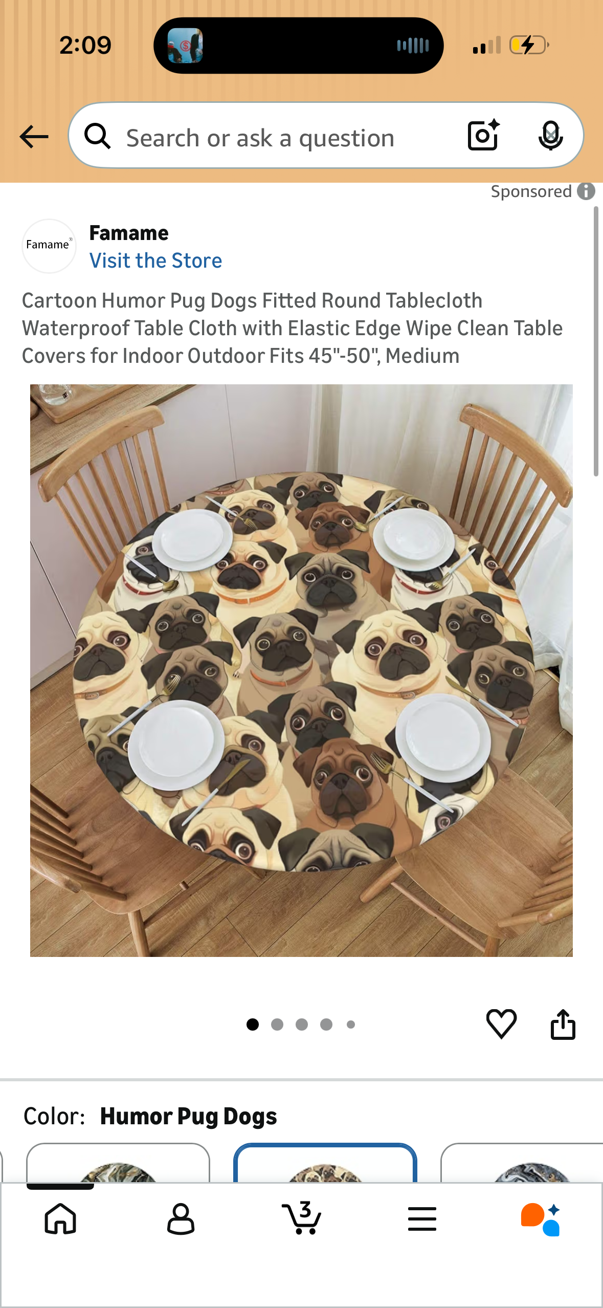 Cartoon Humor Pug Dogs Fitted Round Tablecloth Waterproof Table Cloth with Elastic Edge Wipe Clean Table Covers for Indoor Outdoor Fits 45"-50", Medium