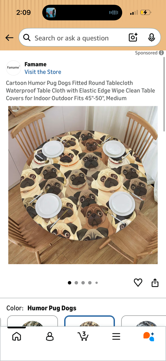Cartoon Humor Pug Dogs Fitted Round Tablecloth Waterproof Table Cloth with Elastic Edge Wipe Clean Table Covers for Indoor Outdoor Fits 45"-50", Medium