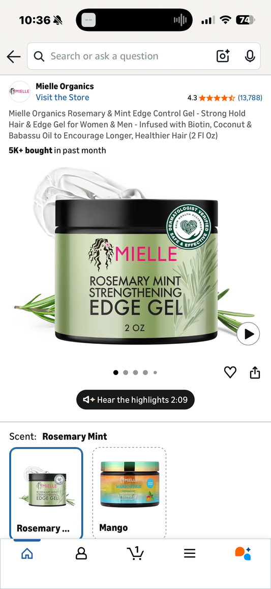 Mielle Organics Rosemary & Mint Edge Control Gel - Strong Hold Hair & Edge Gel for Women & Men - Infused with Biotin, Coconut & Babassu Oil to Encourage Longer, Healthier Hair (2 Fl Oz)