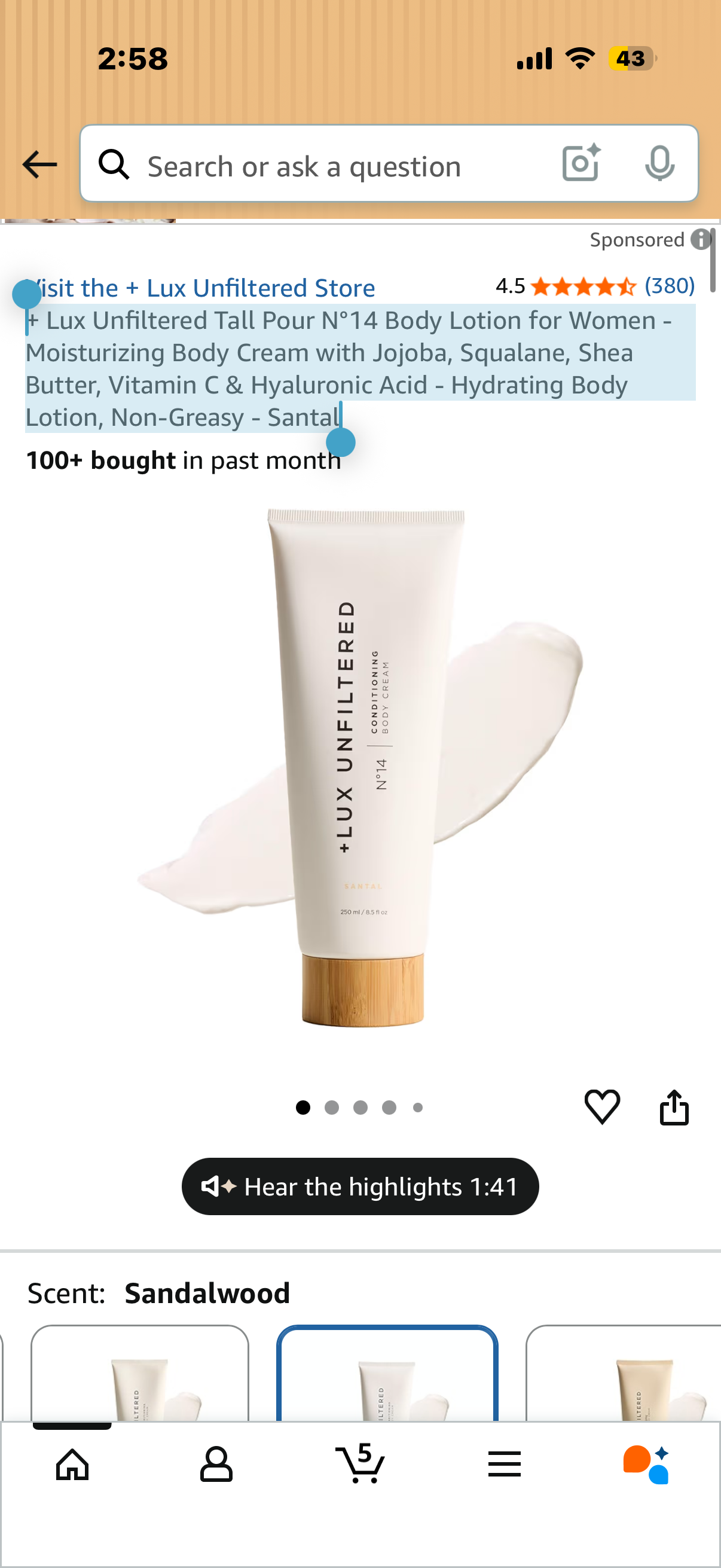 + Lux Unfiltered Tall Pour N°14 Body Lotion for Women - Moisturizing Body Cream with Jojoba, Squalane, Shea Butter, Vitamin C & Hyaluronic Acid - Hydrating Body Lotion, Non-Greasy - Santal