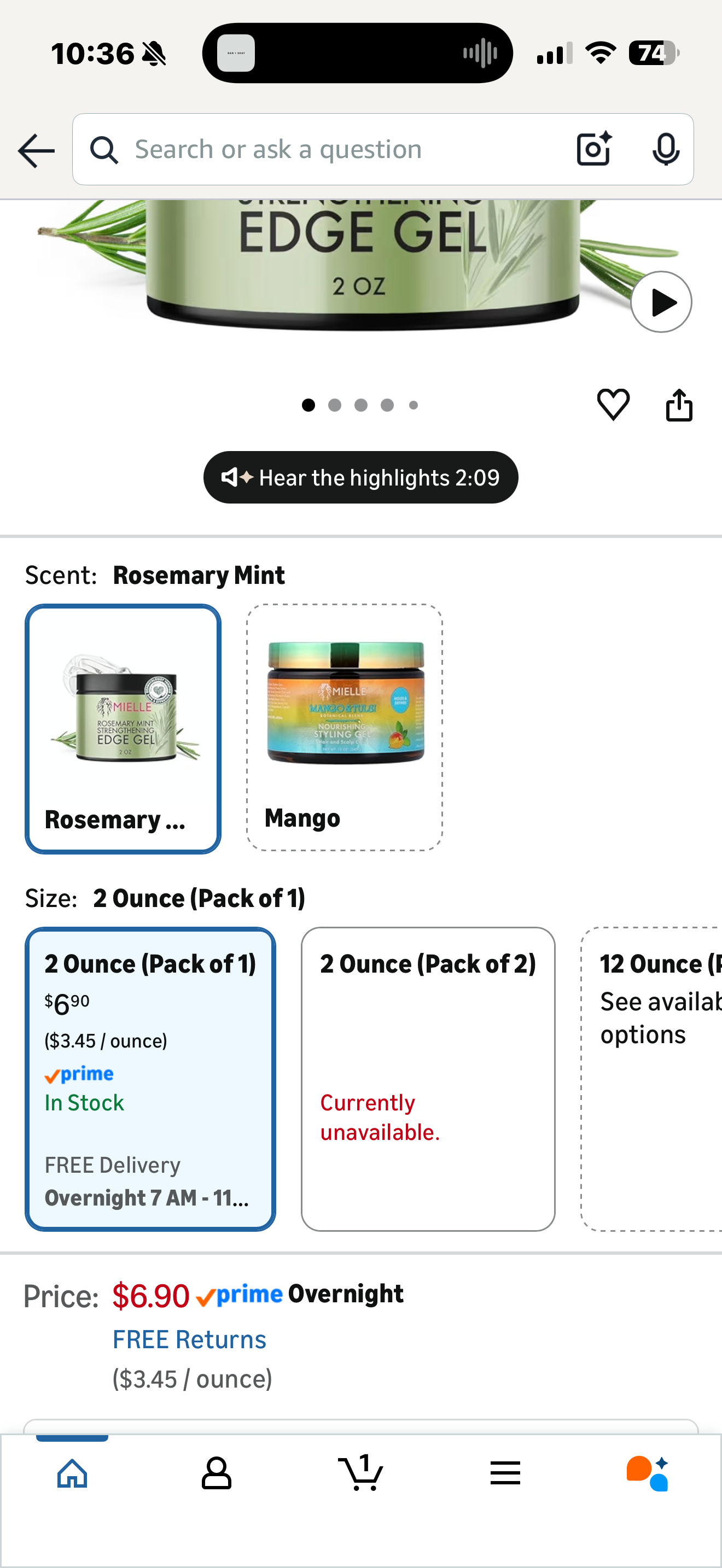 Mielle Organics Rosemary & Mint Edge Control Gel - Strong Hold Hair & Edge Gel for Women & Men - Infused with Biotin, Coconut & Babassu Oil to Encourage Longer, Healthier Hair (2 Fl Oz)